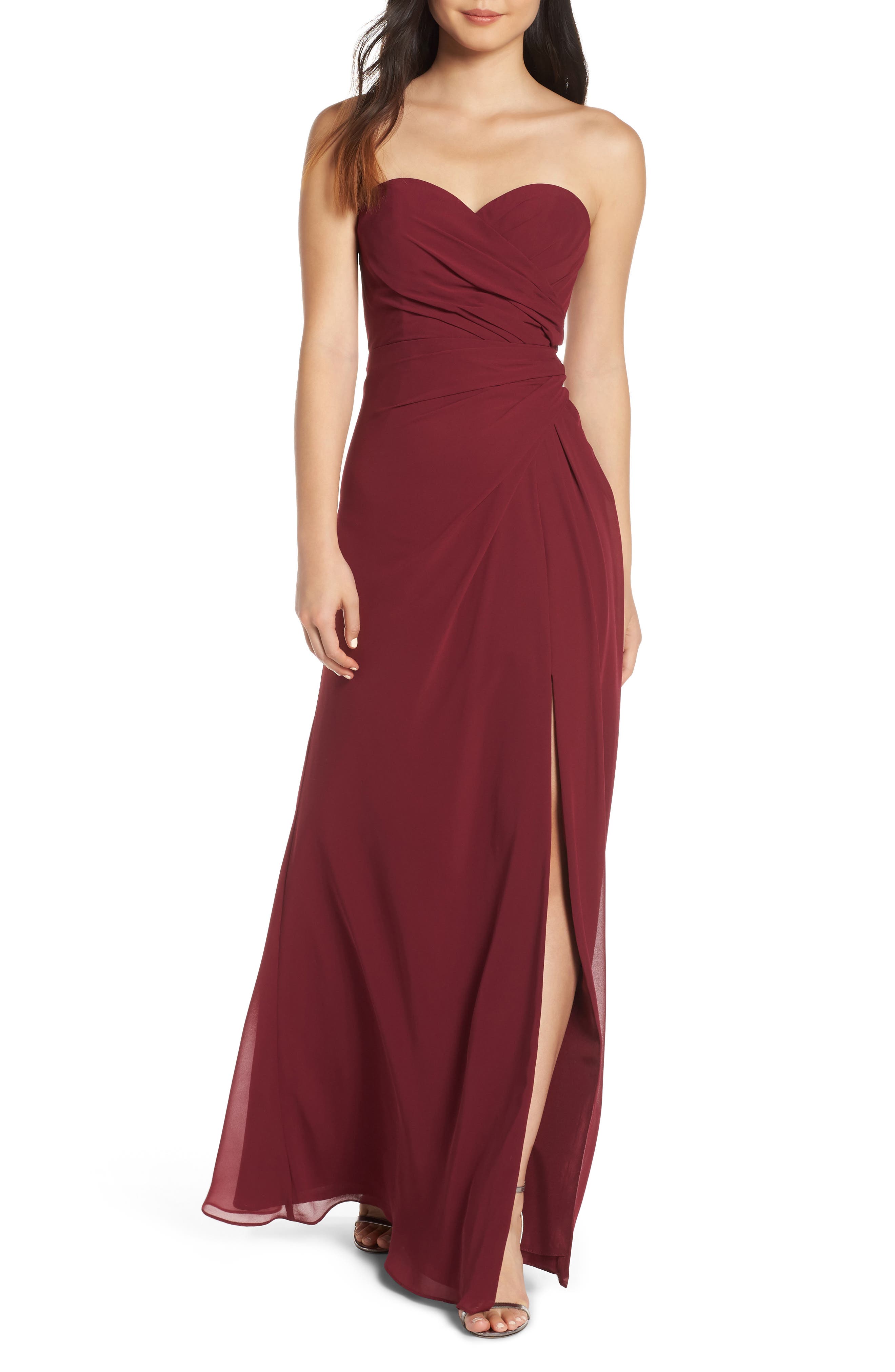 Hayley Paige Occasions Strapless Chiffon Evening Dress, Burgundy
