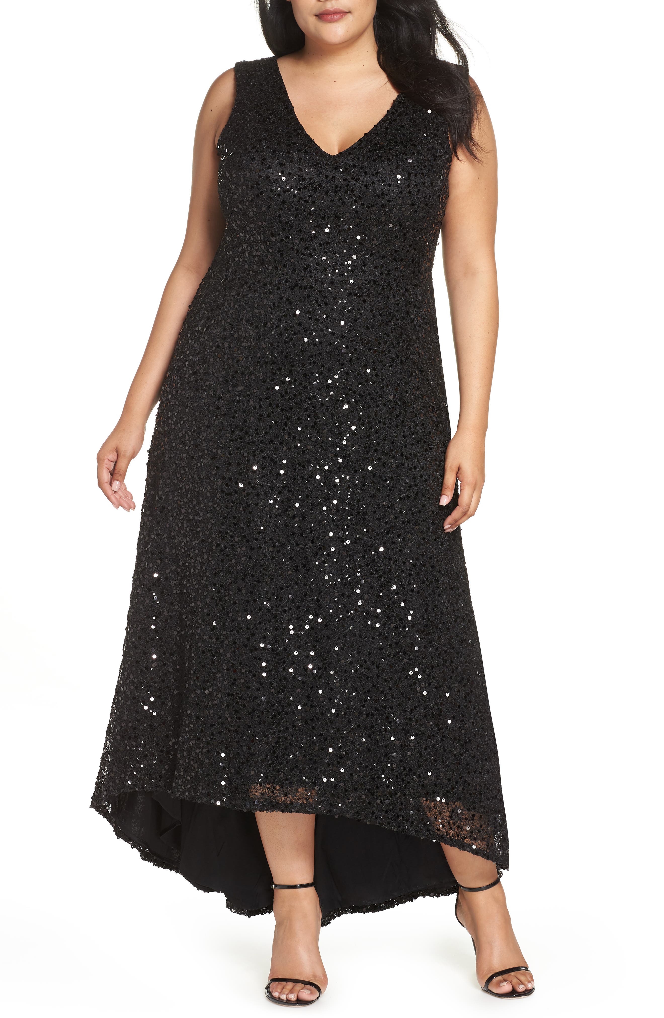 Plus Size Morgan & Co. High/low Sequin Gown, Black