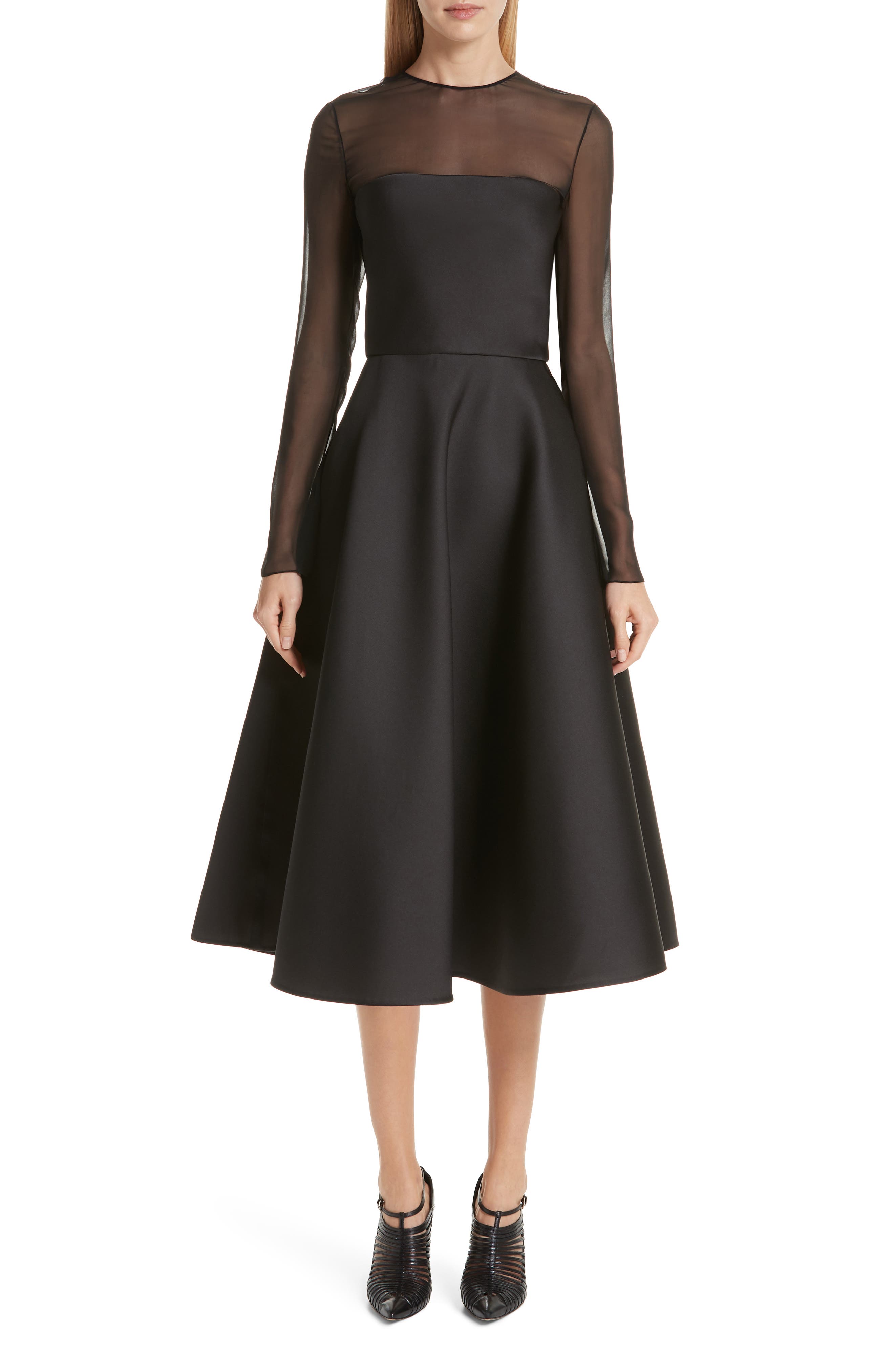 Jason Wu Collection Mesh Panel Double Face Satin Tea Length Dress, Black