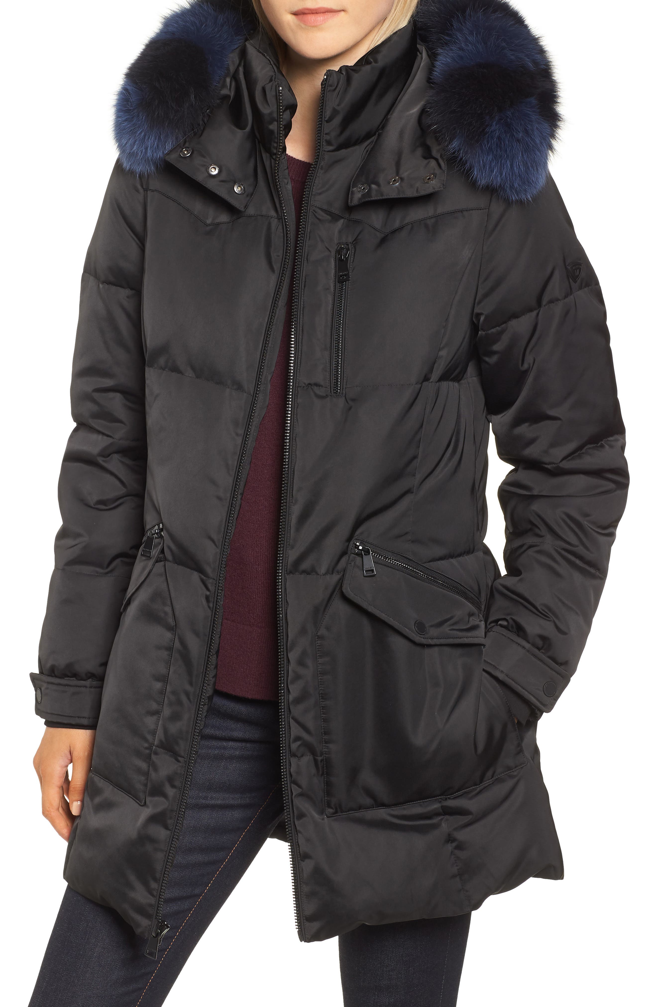 1 Madison Down & Feather Coat With Genuine Fox Fur Trim, Black