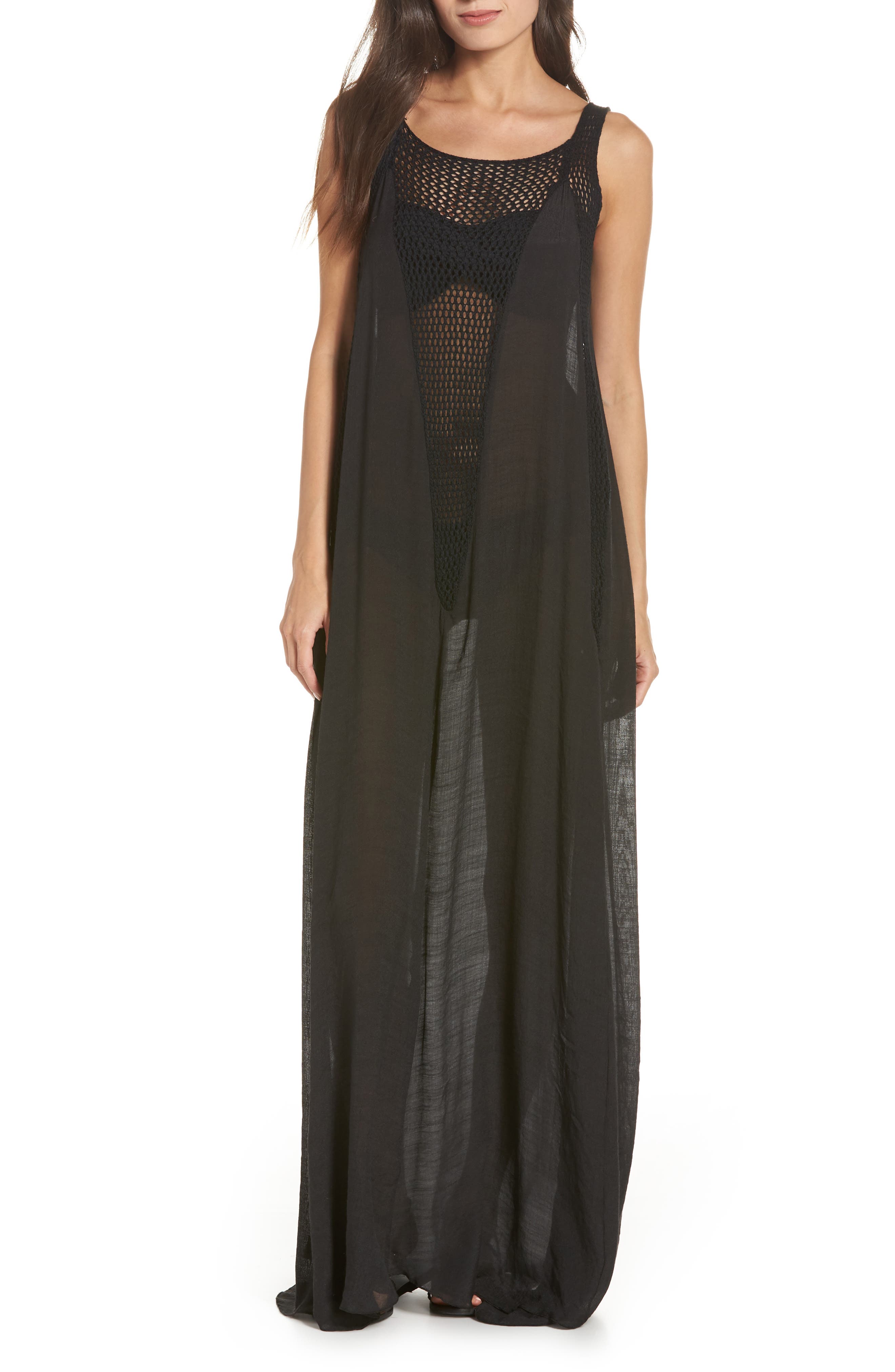 Elan Crochet Inset Cover-Up Maxi Dress, Black