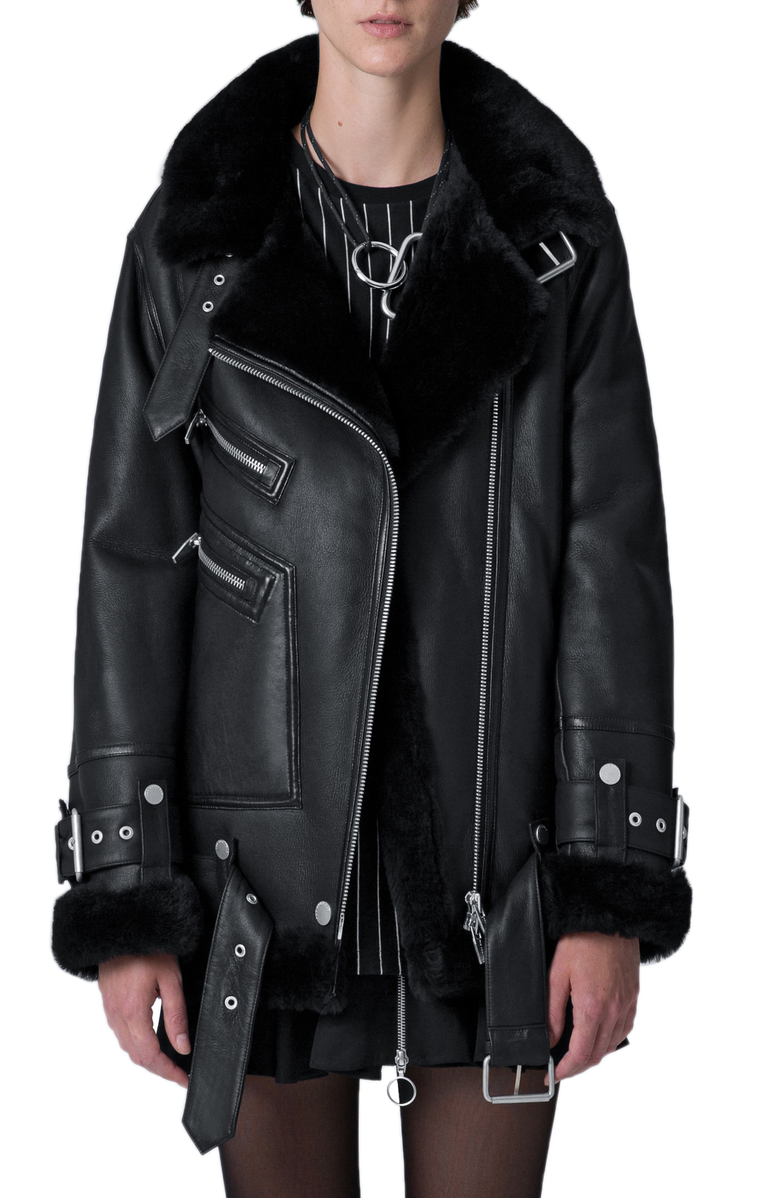 The Arrivals Moya Iii Oversize Leather & Genuine Shearling Jacket, Black