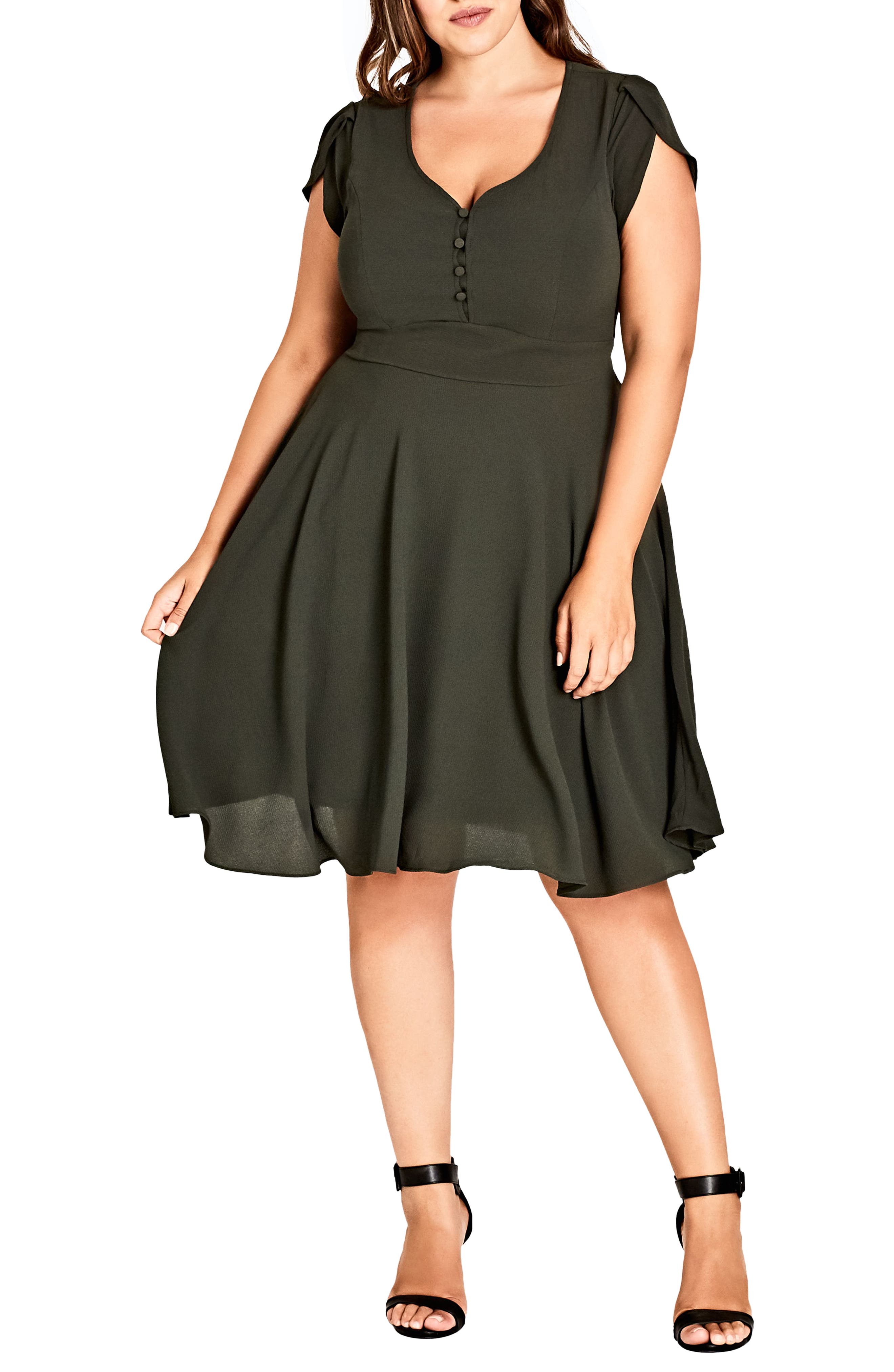 Plus Size City Chic Button Fit & Flare Dress, Green