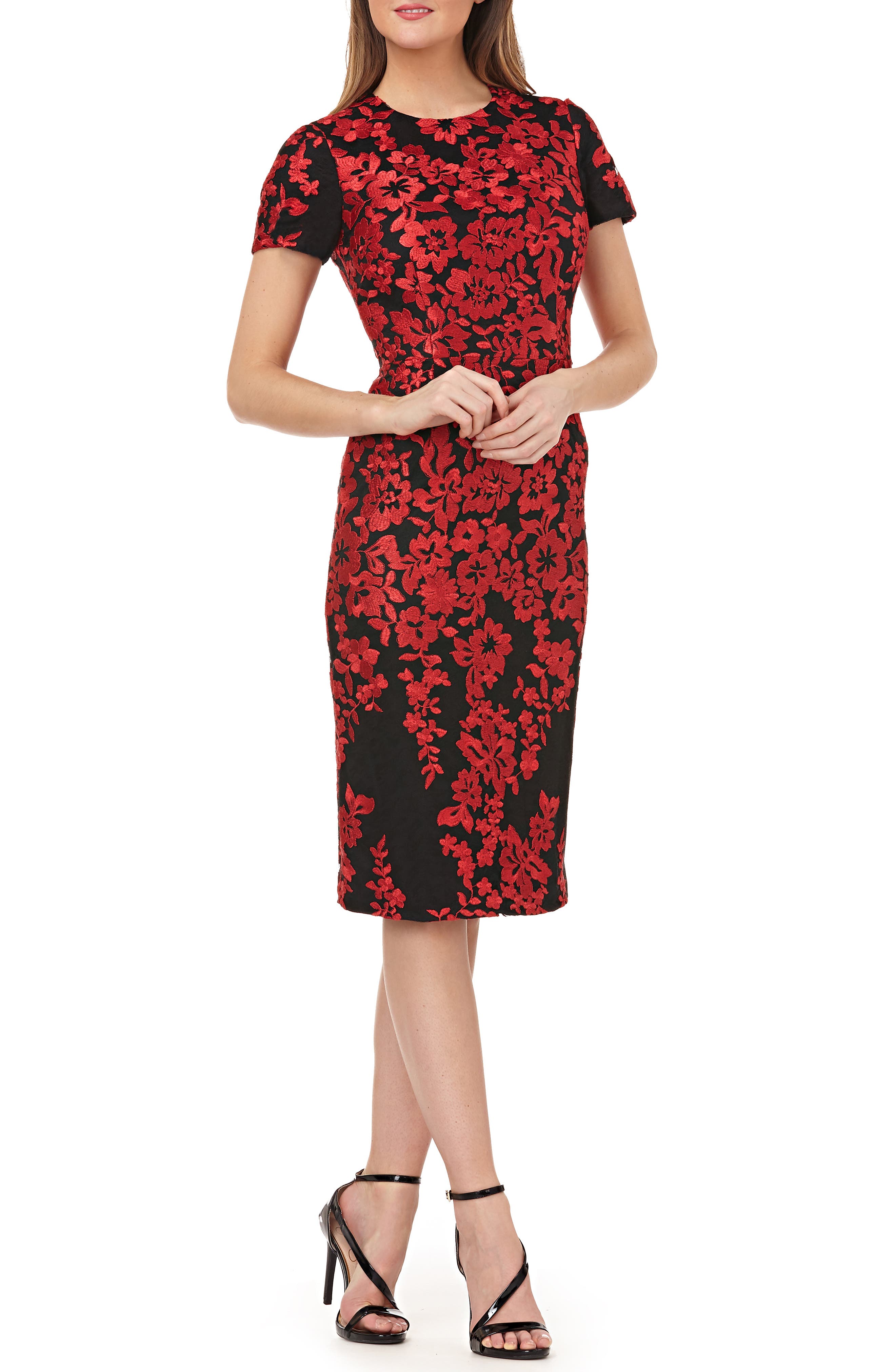 Carmen Marc Valvo Infusion Embroidered Mesh Sheath Dress