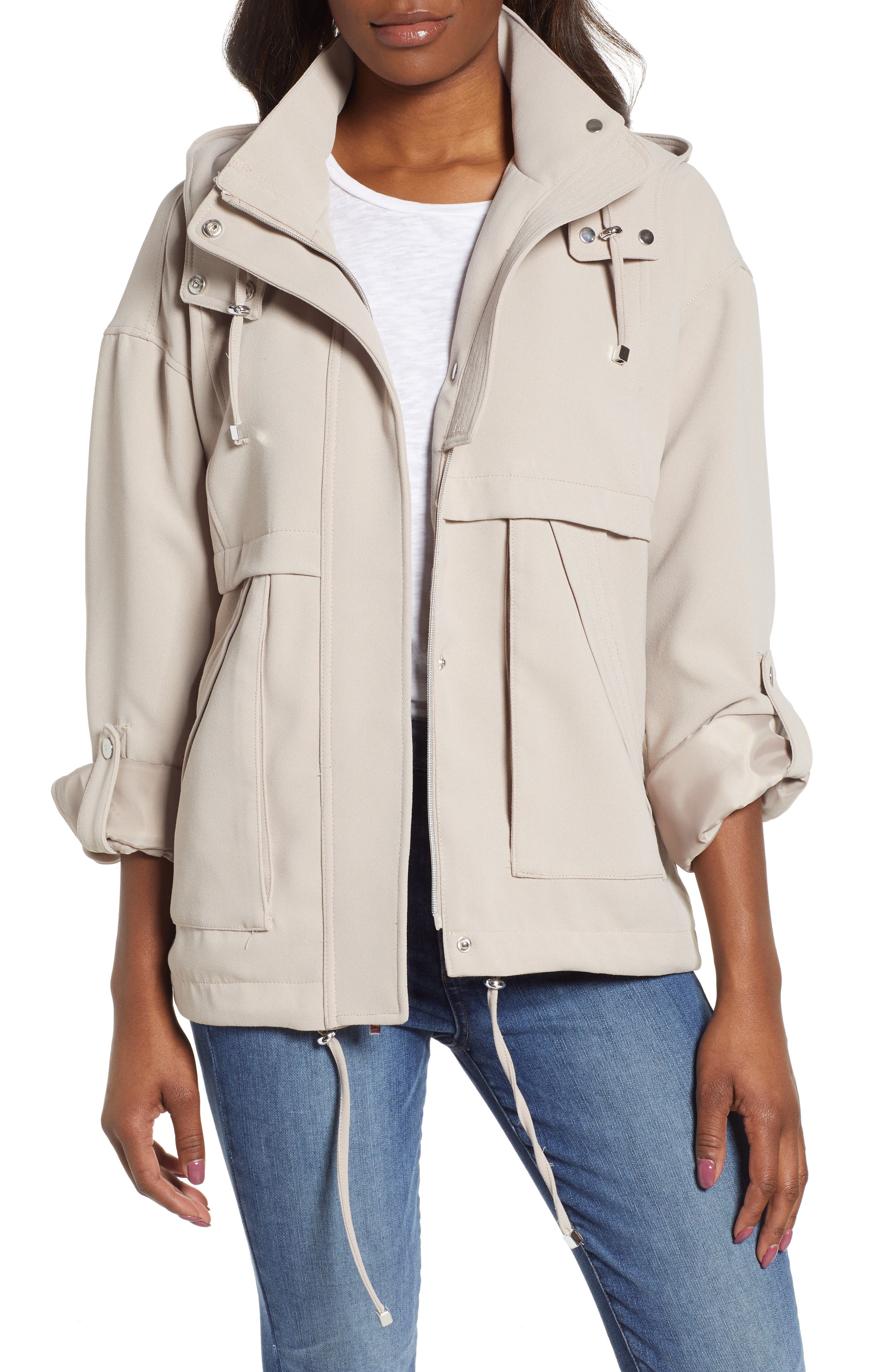 Kensie Crepe Blouson Hooded Jacket, Beige