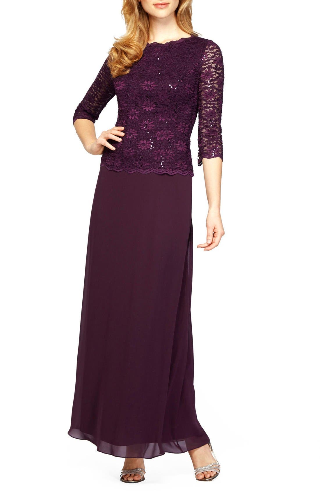 Petite Alex Evenings Sequin Lace & Chiffon Gown, Purple