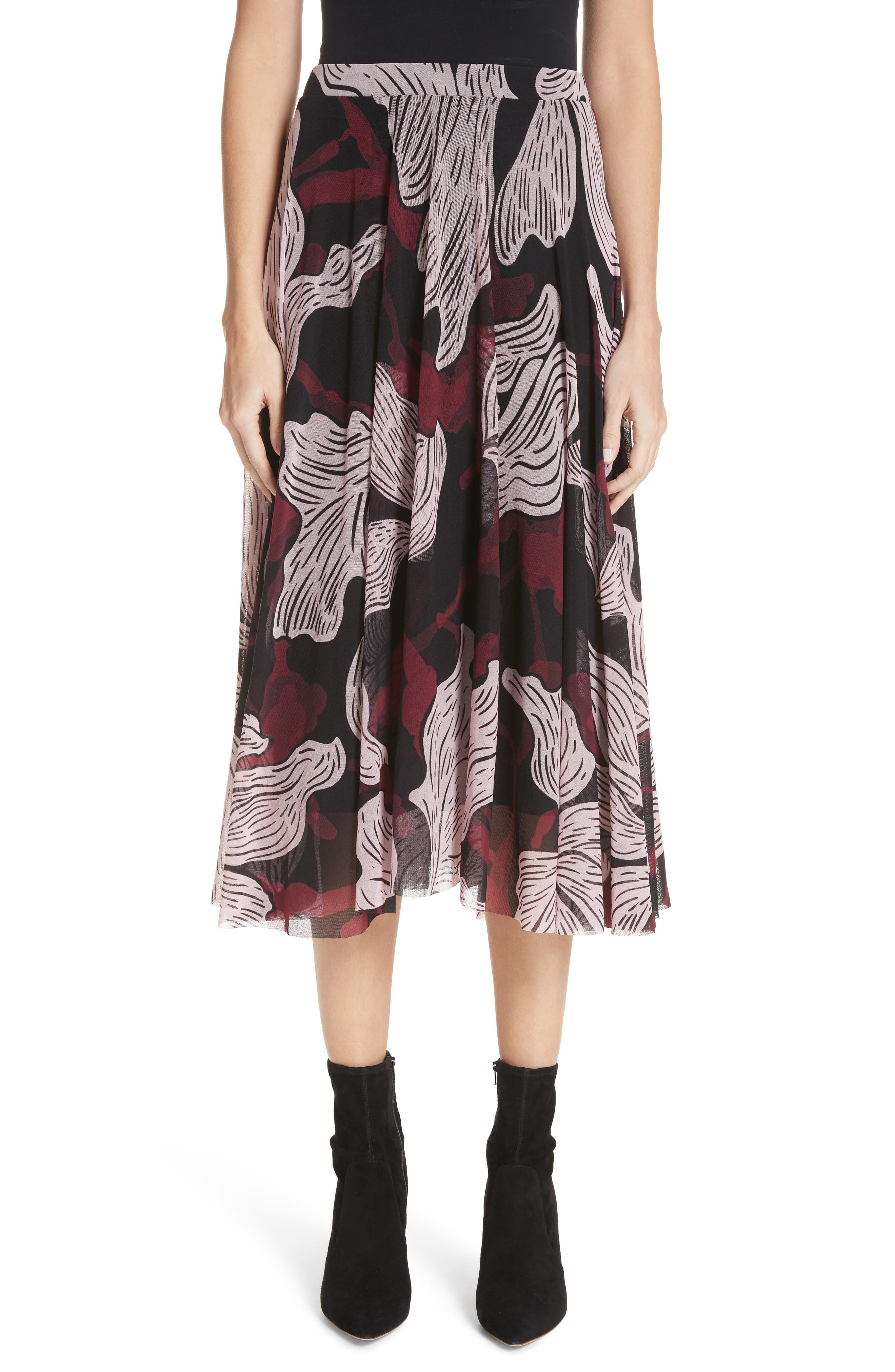 Fuzzi Deco Floral Print Tulle Midi Skirt, Burgundy