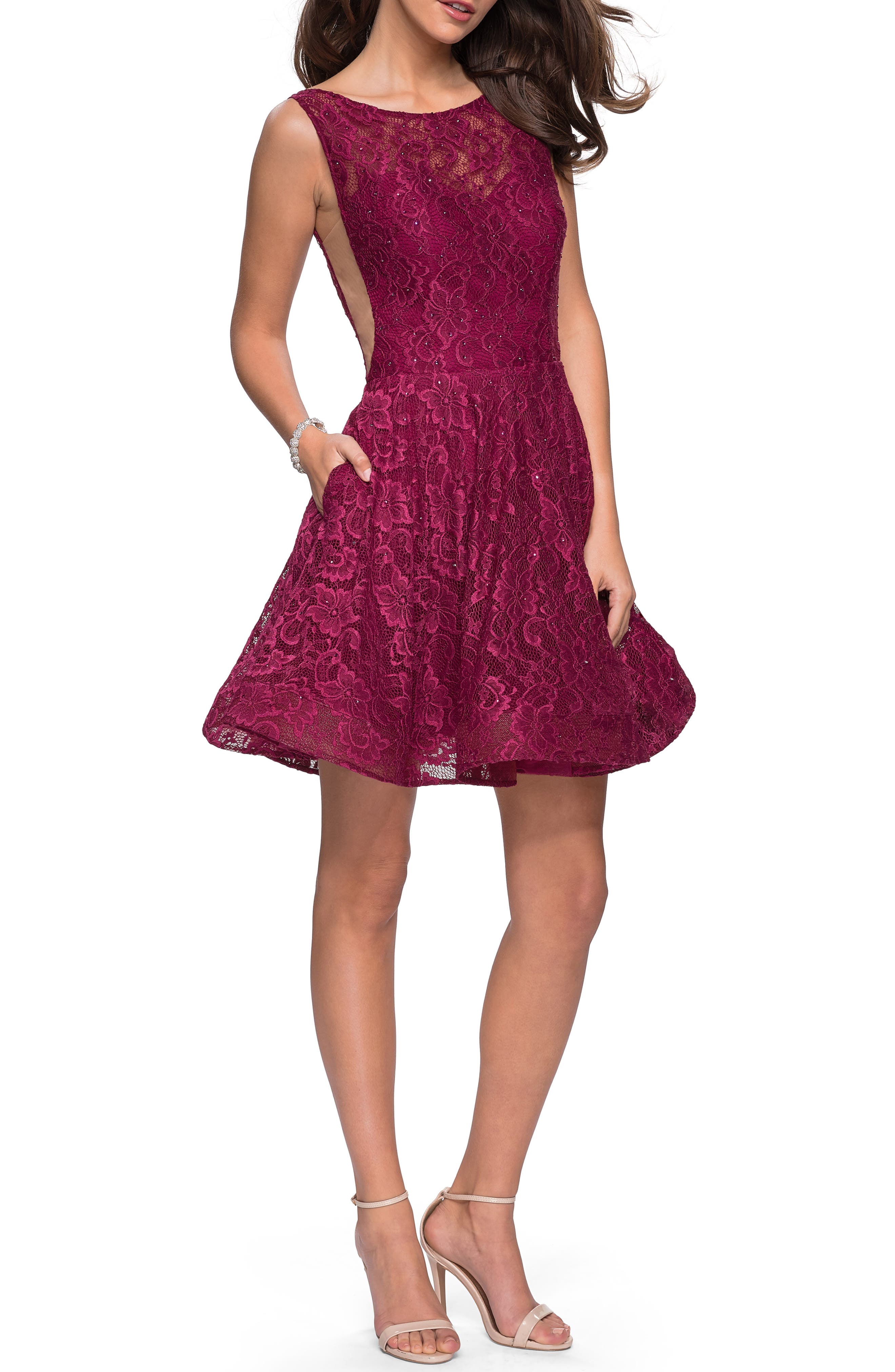 La Femme Lace Fit & Flare Party Dress, Burgundy