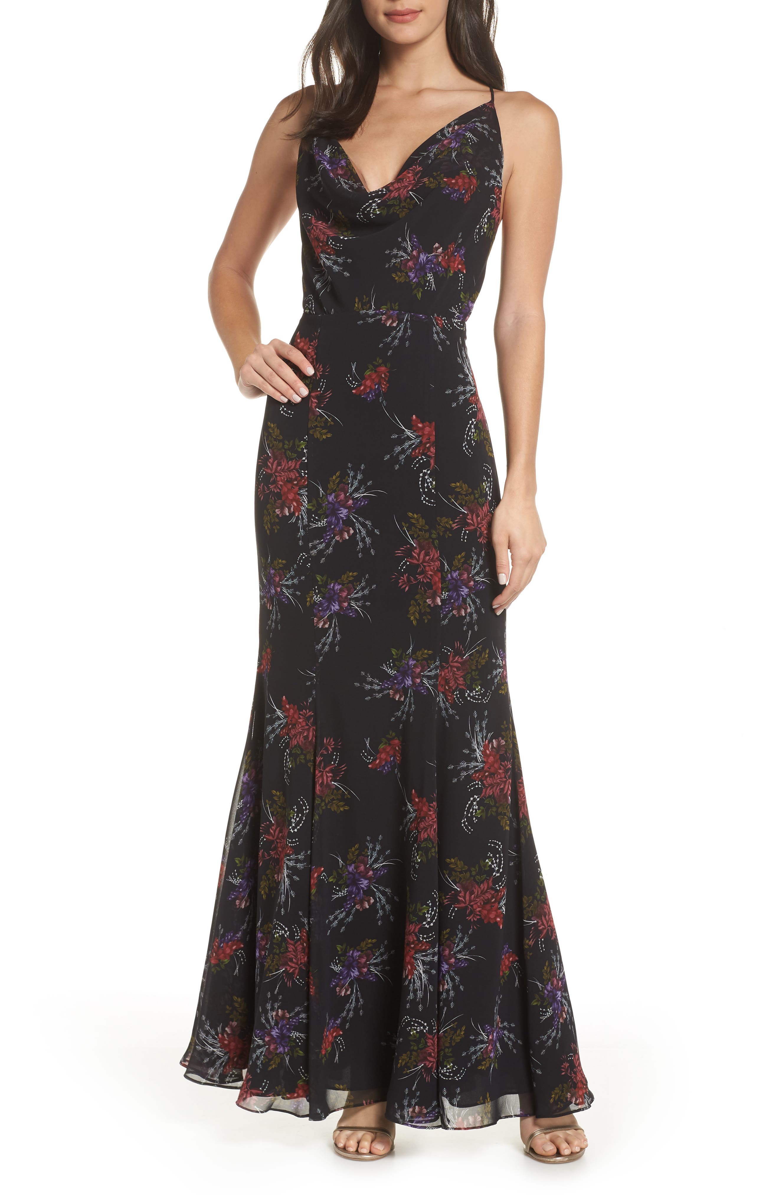 Fame And Partners The Theodora Floral Print Gown, Black