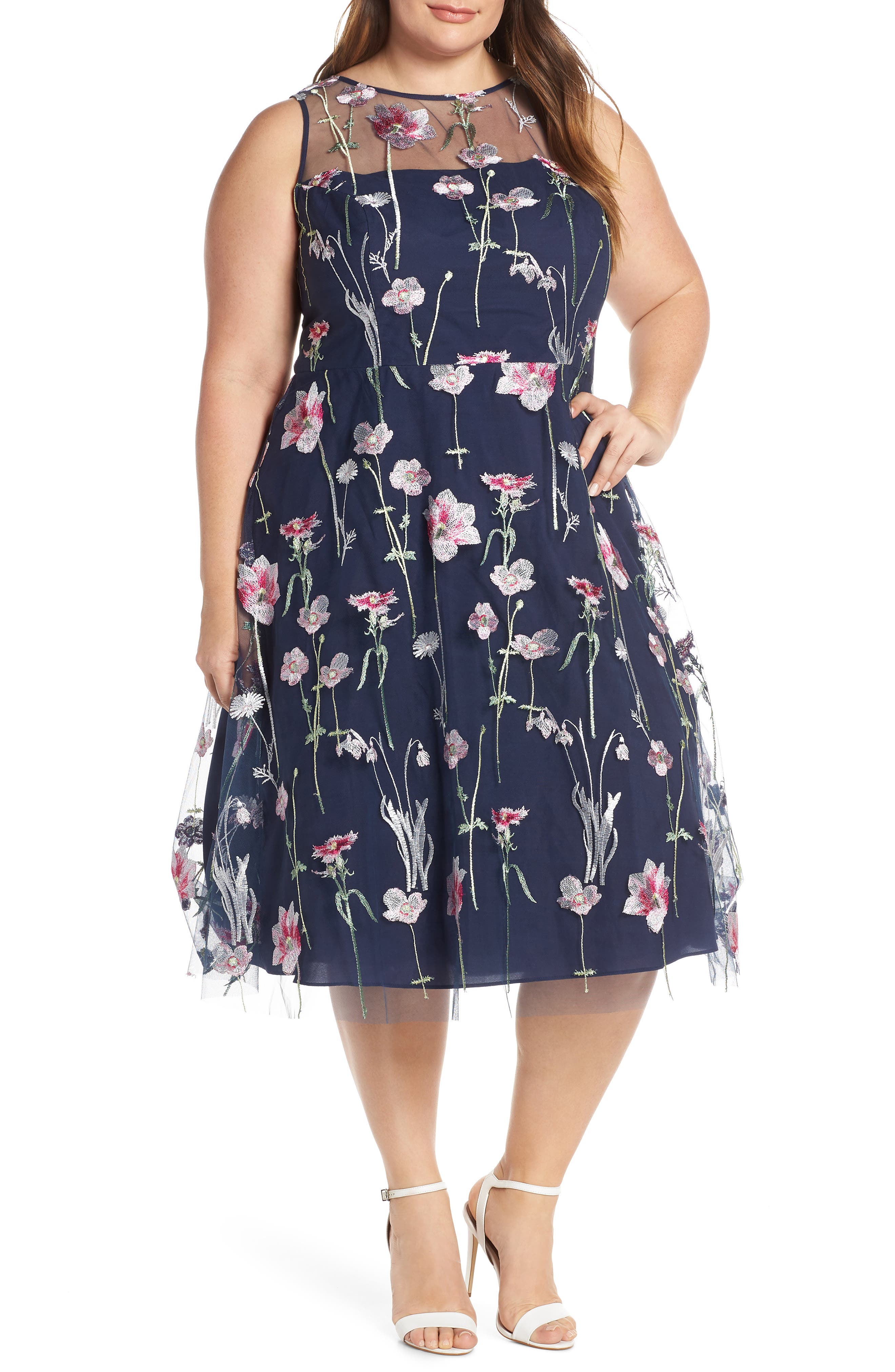 Plus Size Eliza J Embroidered Floral Sleeveless Dress, Blue