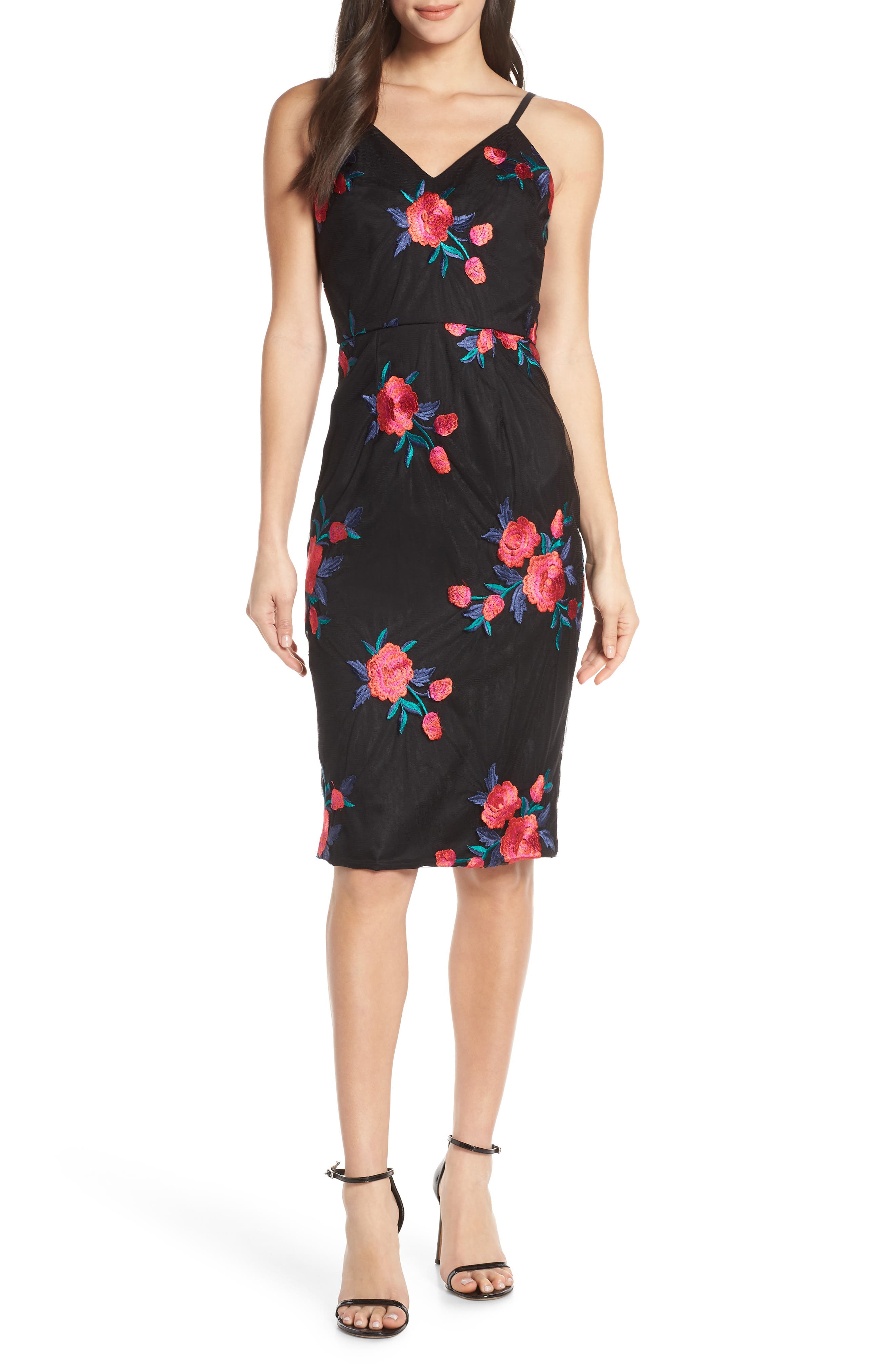 Chi Chi London Margaret Embroidered Mesh Cocktail Dress, Black