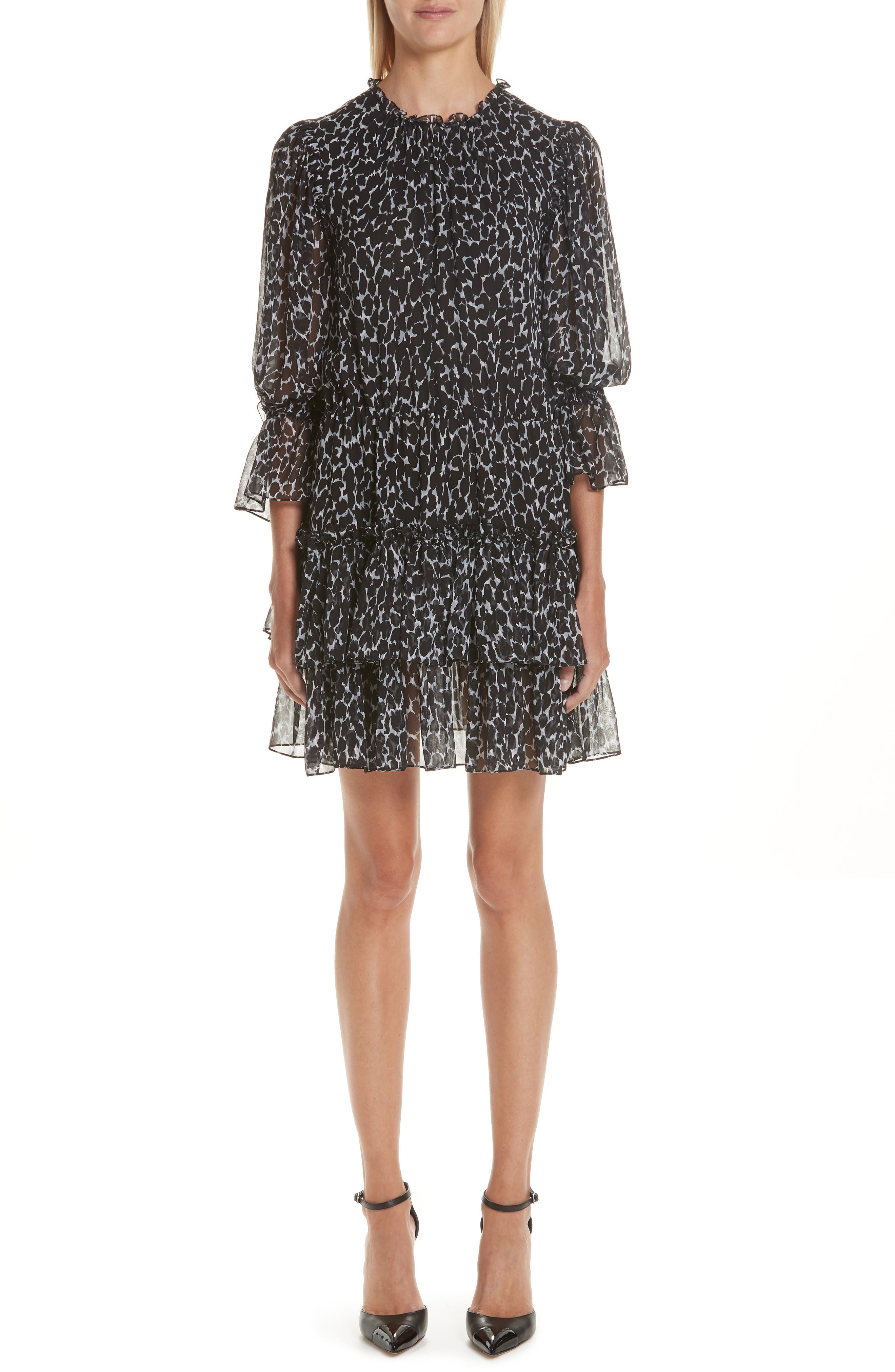 Michael Kors Cheetah Print Tiered Silk Chiffon Minidress, Black