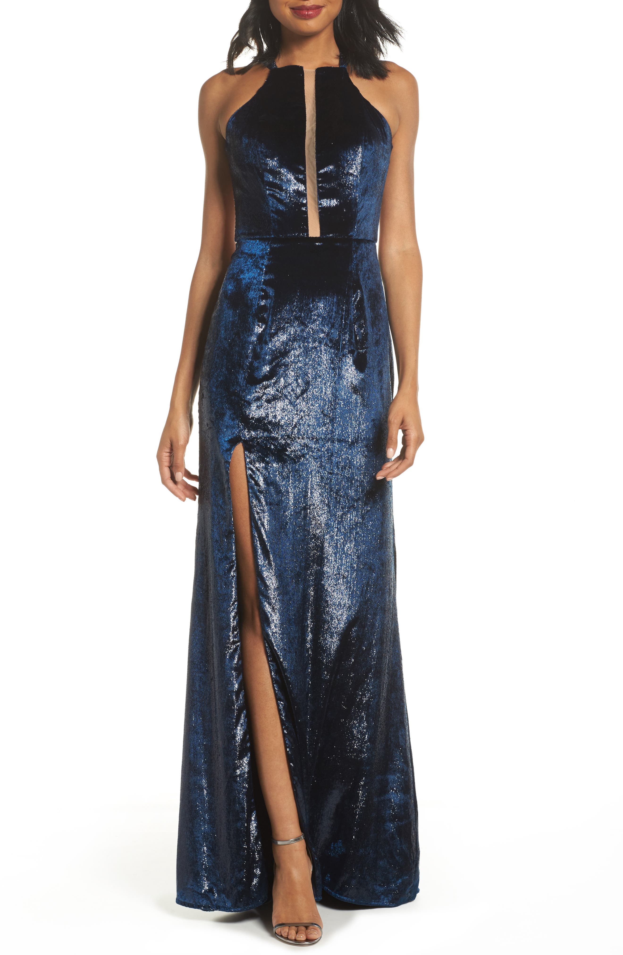 La Femme Open Back Textured Velvet Gown, Blue