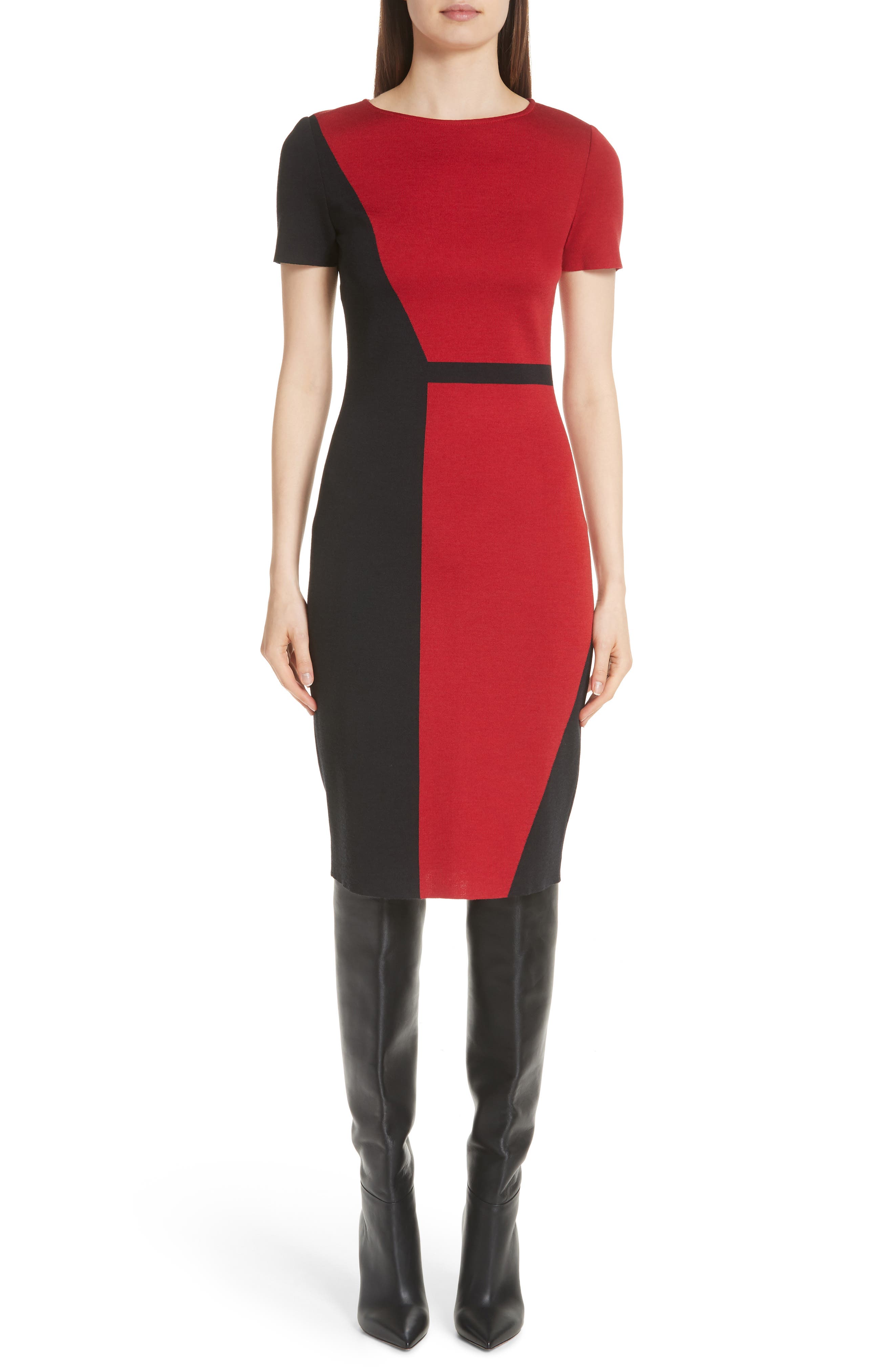 St. John Collection Slanted Colorblock Milano Knit Sheath Dress, Red