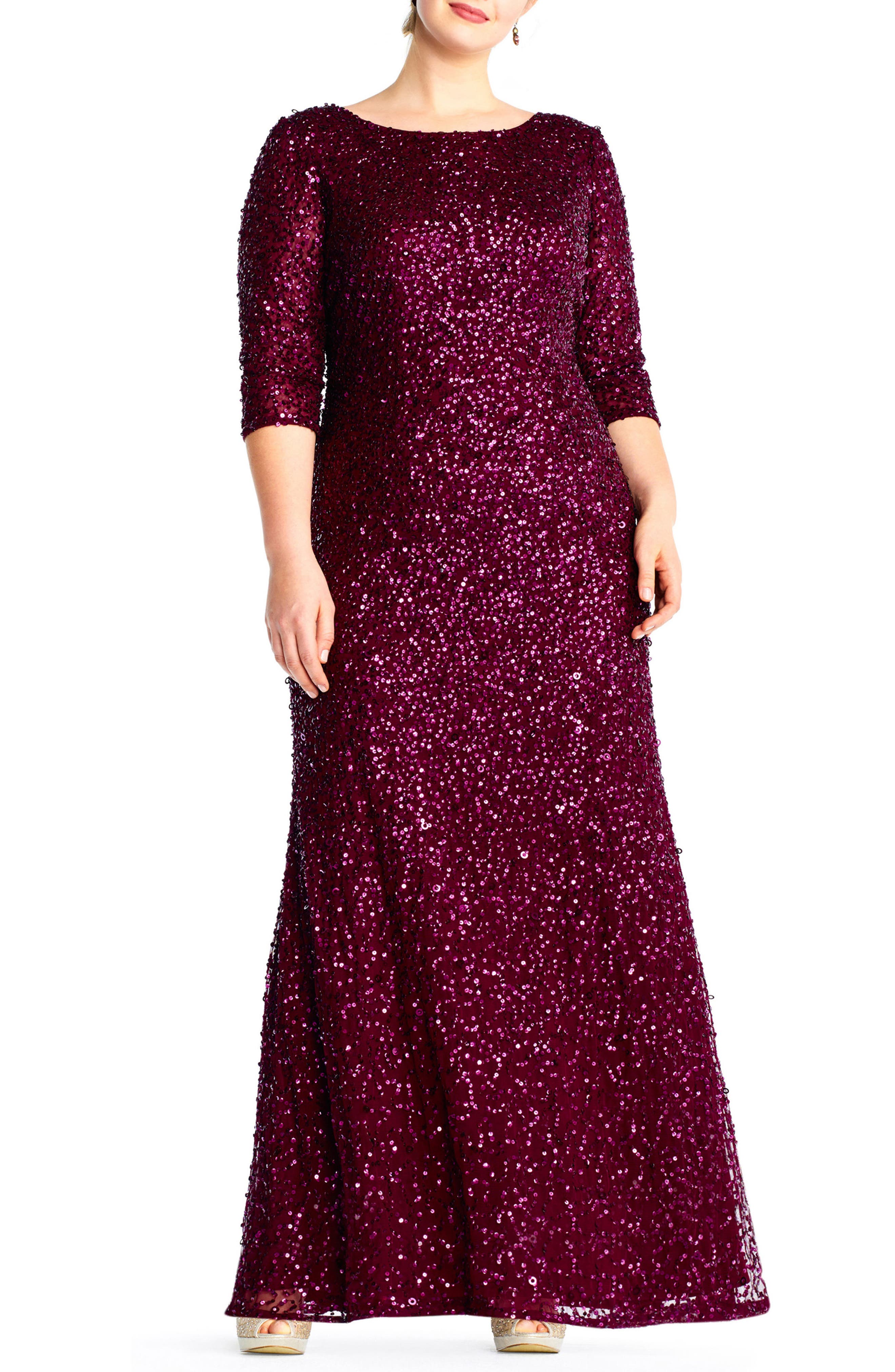 Plus Size Adrianna Papell Embellished Scoop Back Gown, Burgundy