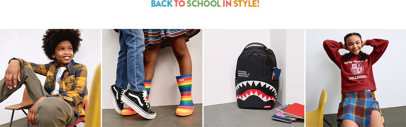Child wearing plaid shirt, white T-shirt and brown pants. Child wearing jeans and Vans sneakers. Child wearing striped dress and rainbow rain boots. Black backpack with shark teeth graphic. Child wearing maroon long-sleeve shirt and plaid skirt.