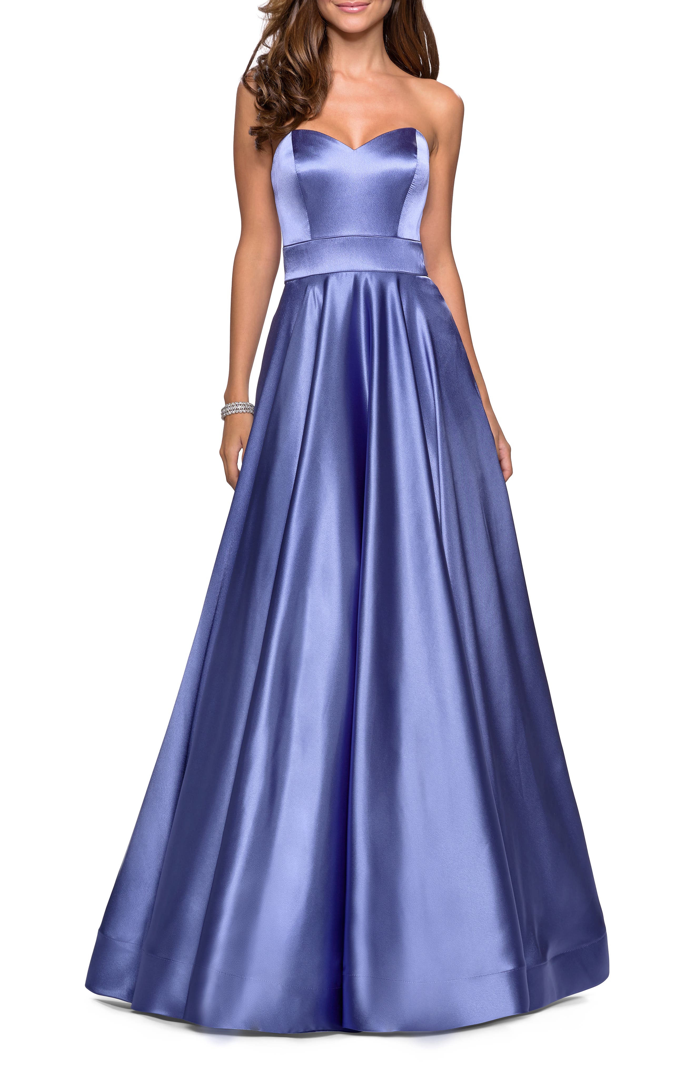 La Femme Strapless Satin Evening Dress, Blue