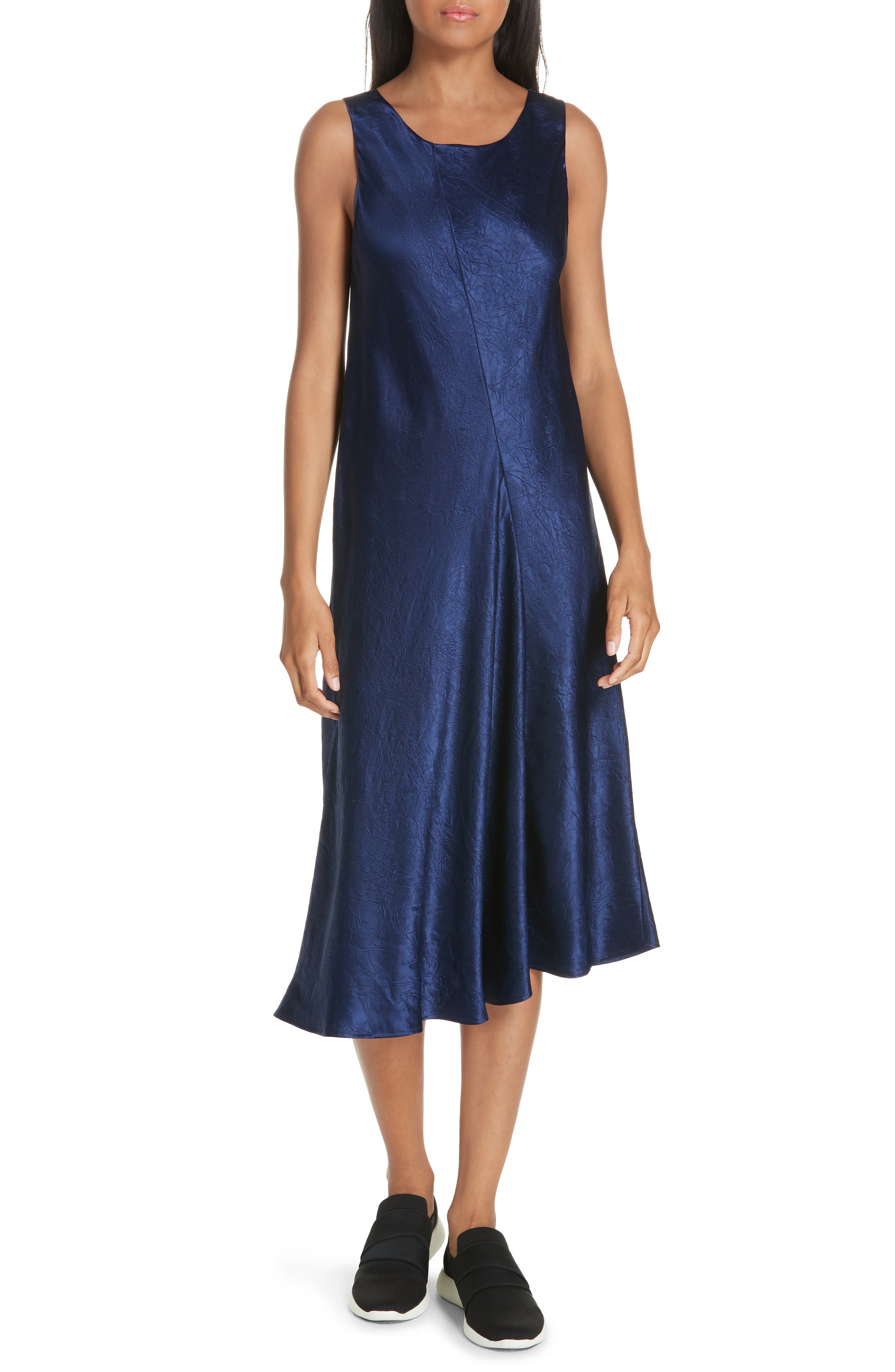 Vince Asymmetrical Crinkled Satin Dress, Blue
