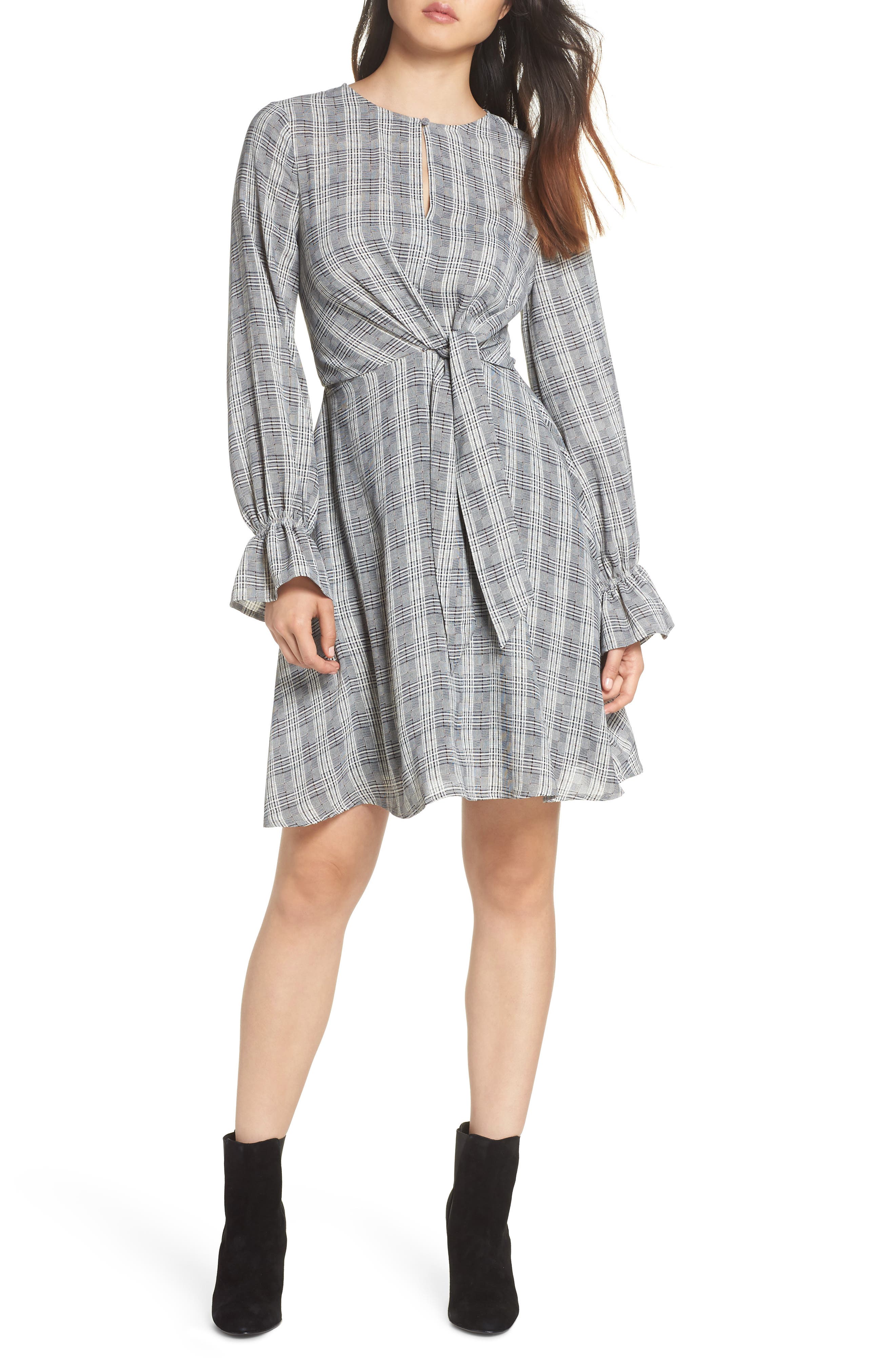 Sam Edelman Plaid Knot Front Fit & Flare Dress, Black