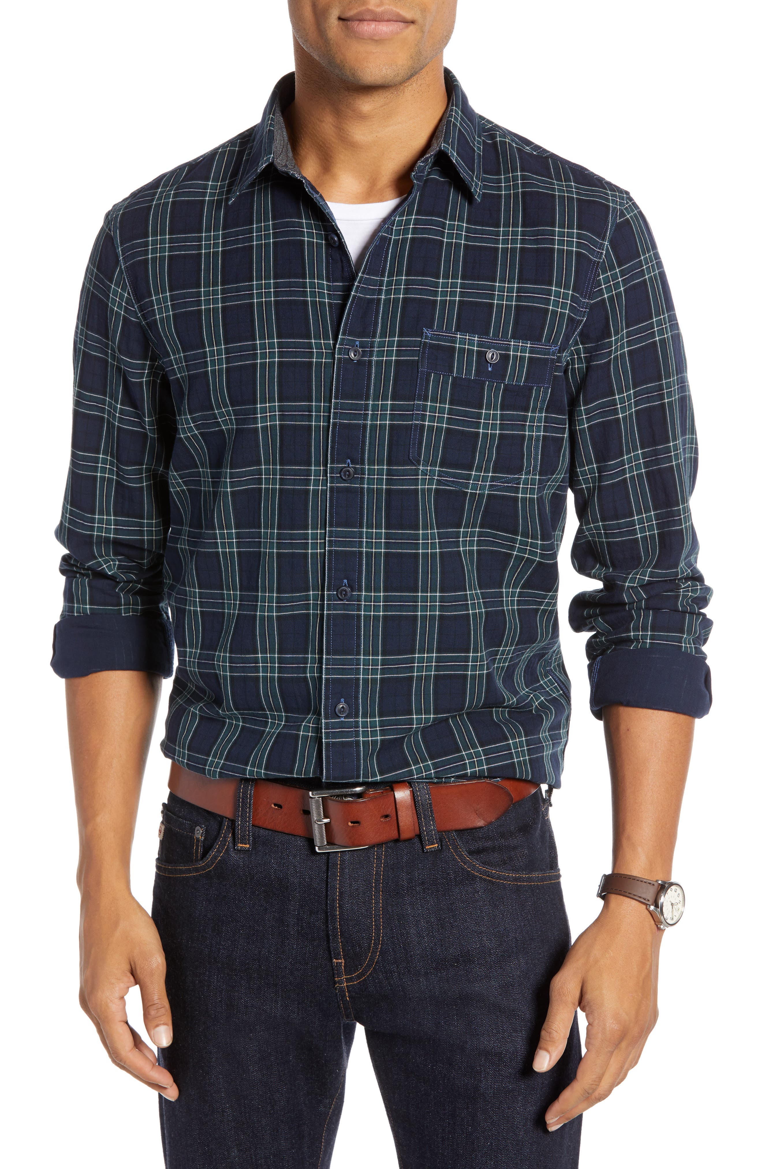 1901 Trim Fit Duofold Tartan Sport Shirt, Blue