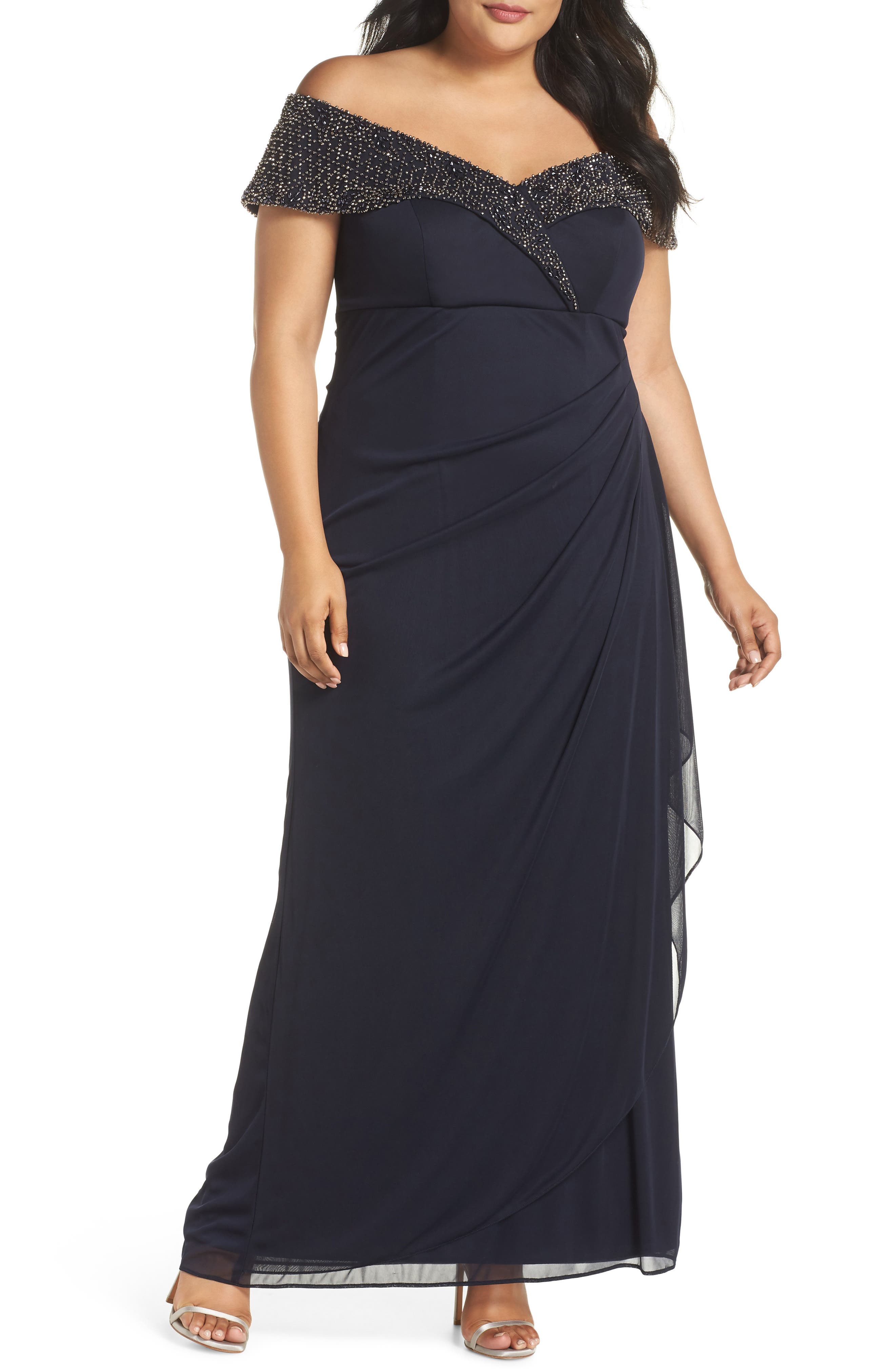 Plus Size Xscape Beaded Off The Shoulder Gown, Blue