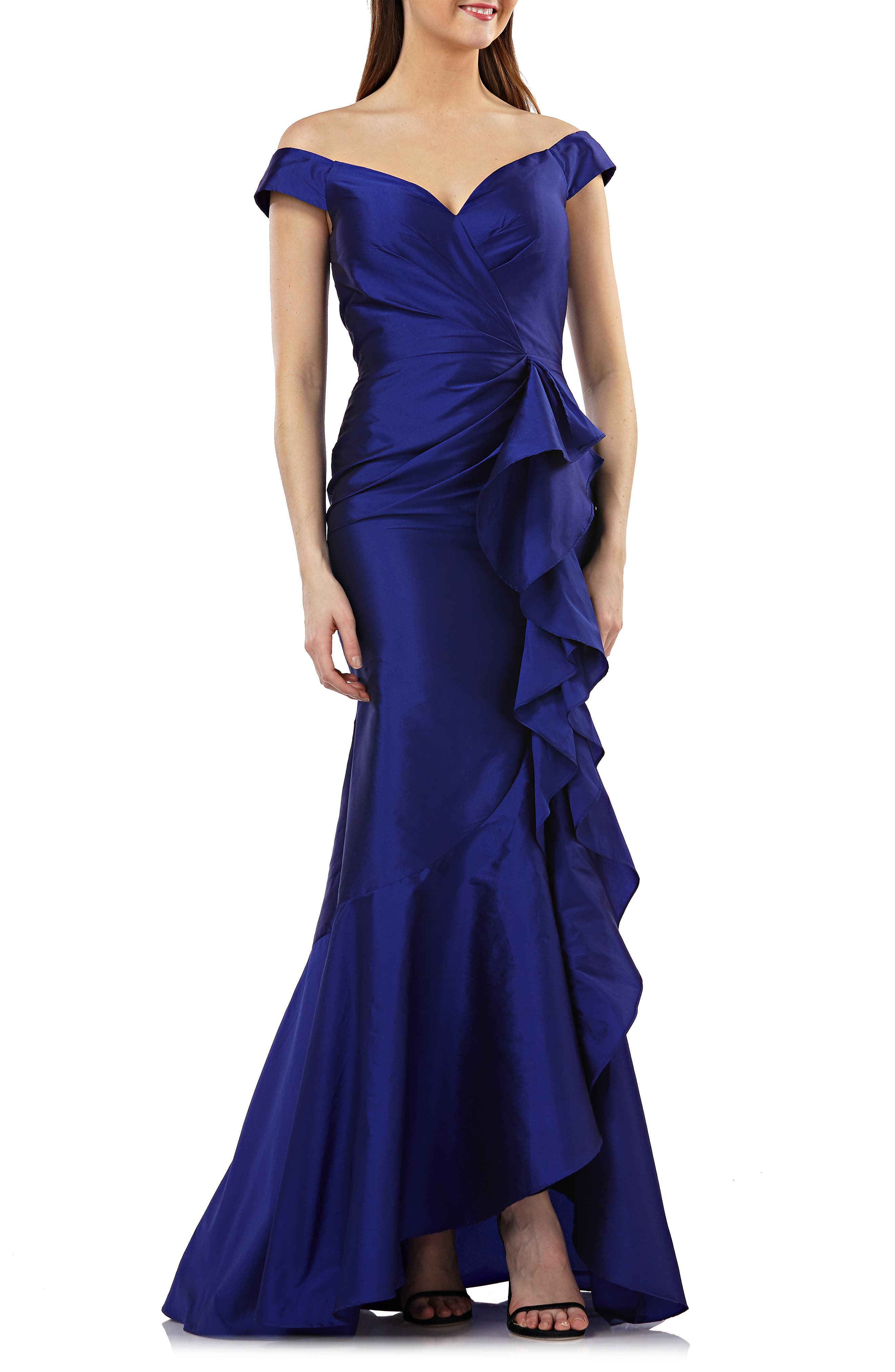 Carmen Marco Valvo Infusion Taffeta Off The Shoulder Evening Dress, Blue