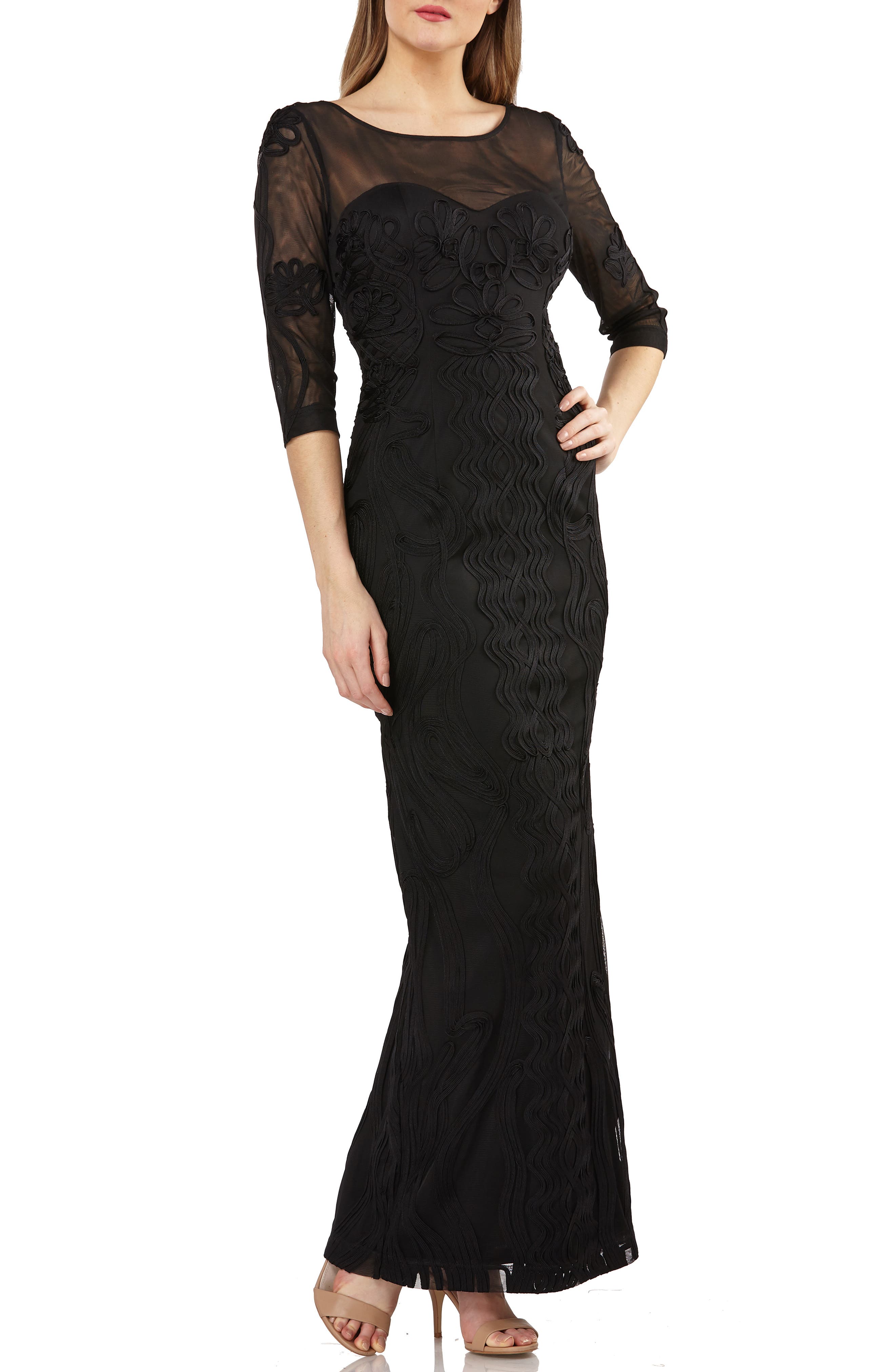 Js Collections Illusion Yoke Soutache Column Gown, Black
