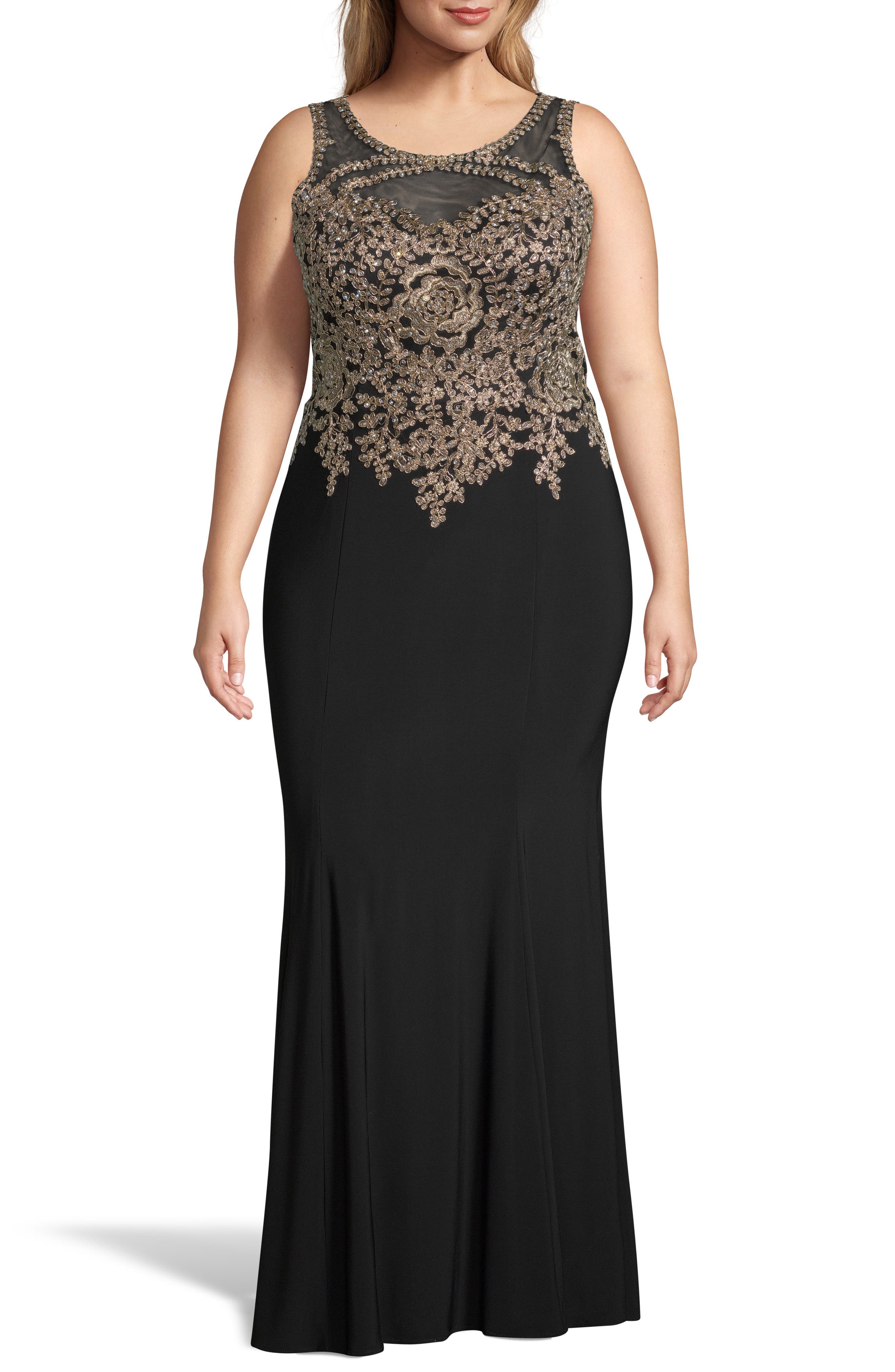 Plus Size Xscape Golden Embroidered Bodice Evening Dress, Black