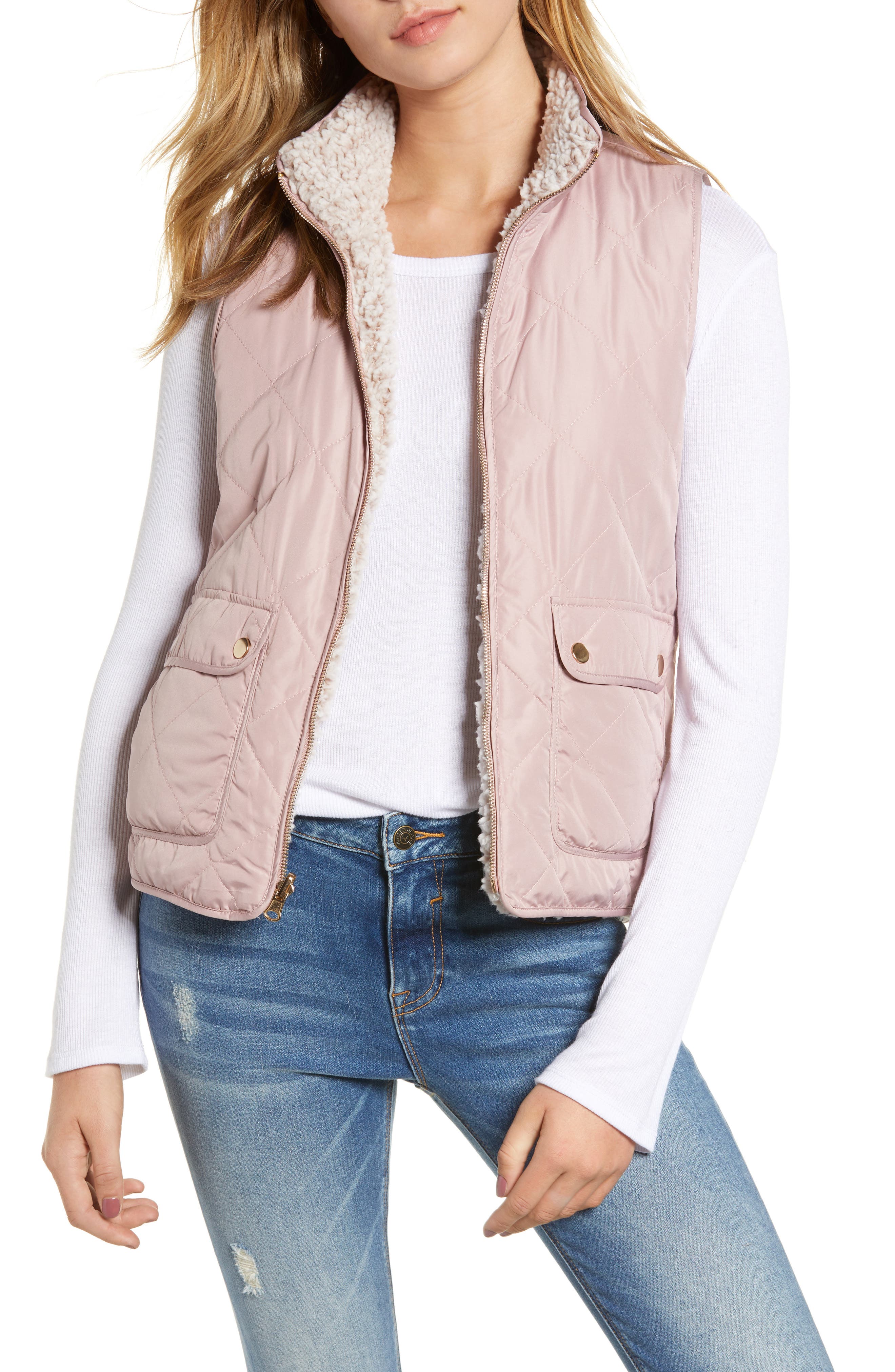 Thread & Supply Reversible Fleece Lined Quilted Vest, Pink