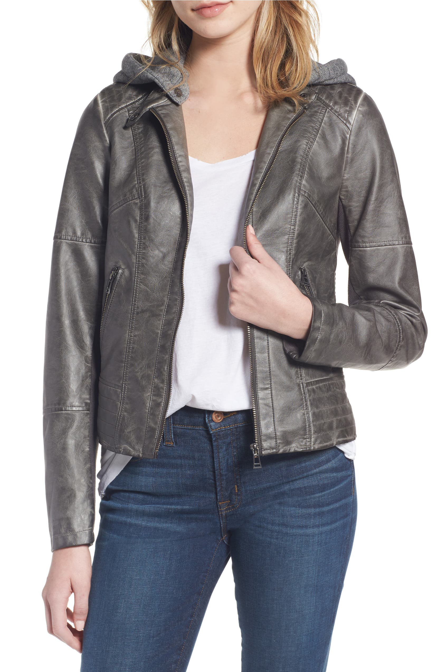 Sebby Faux Leather Jacket With Detachable Jersey Hood Nordstrom