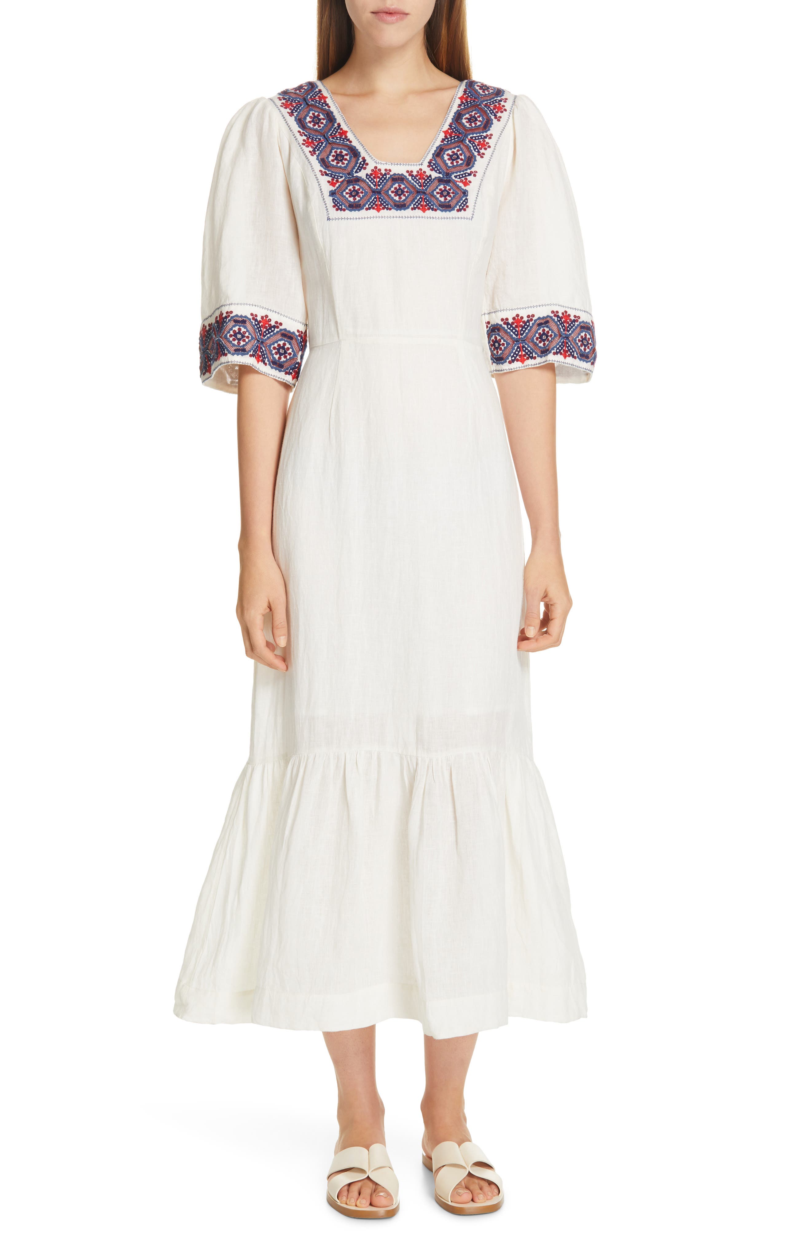 Sea Leah Embroidered Puff Sleeve Long Cotton Dress, Ivory