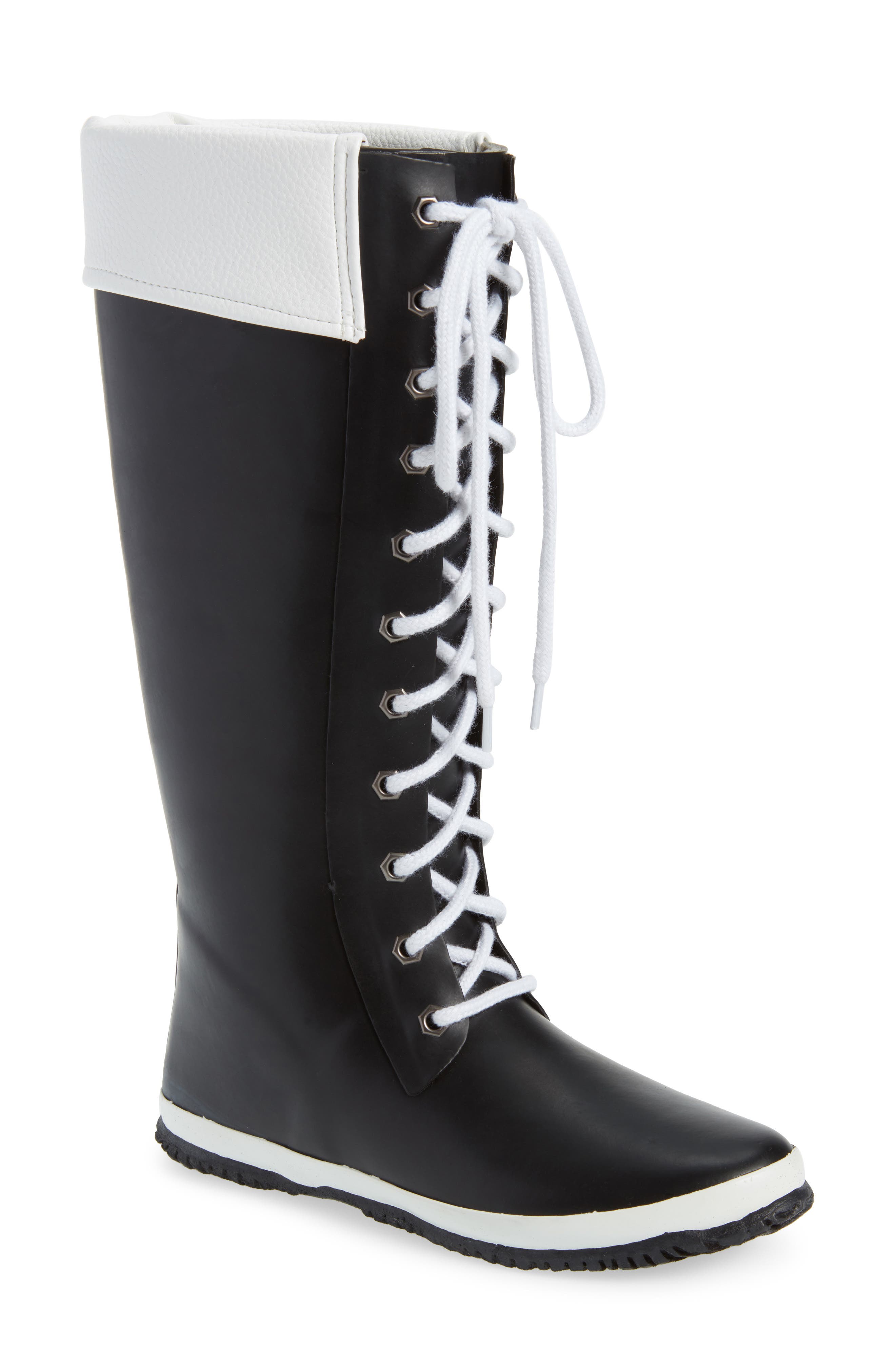 Dav Lace-Up Waterproof Rain Boot, Black