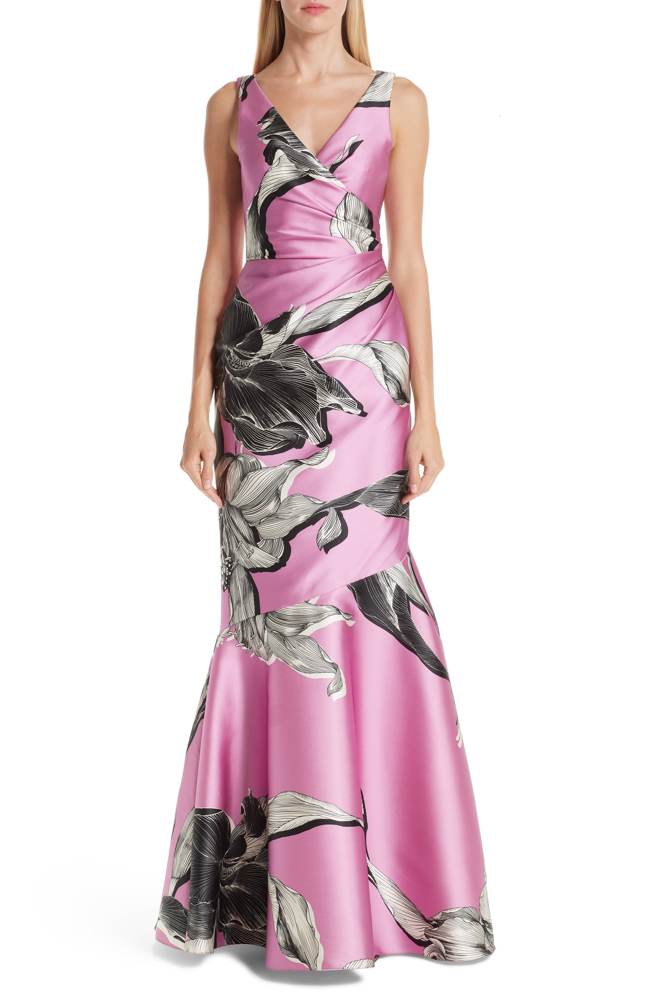Verdin Floral Print Ruched Evening Dress, Pink