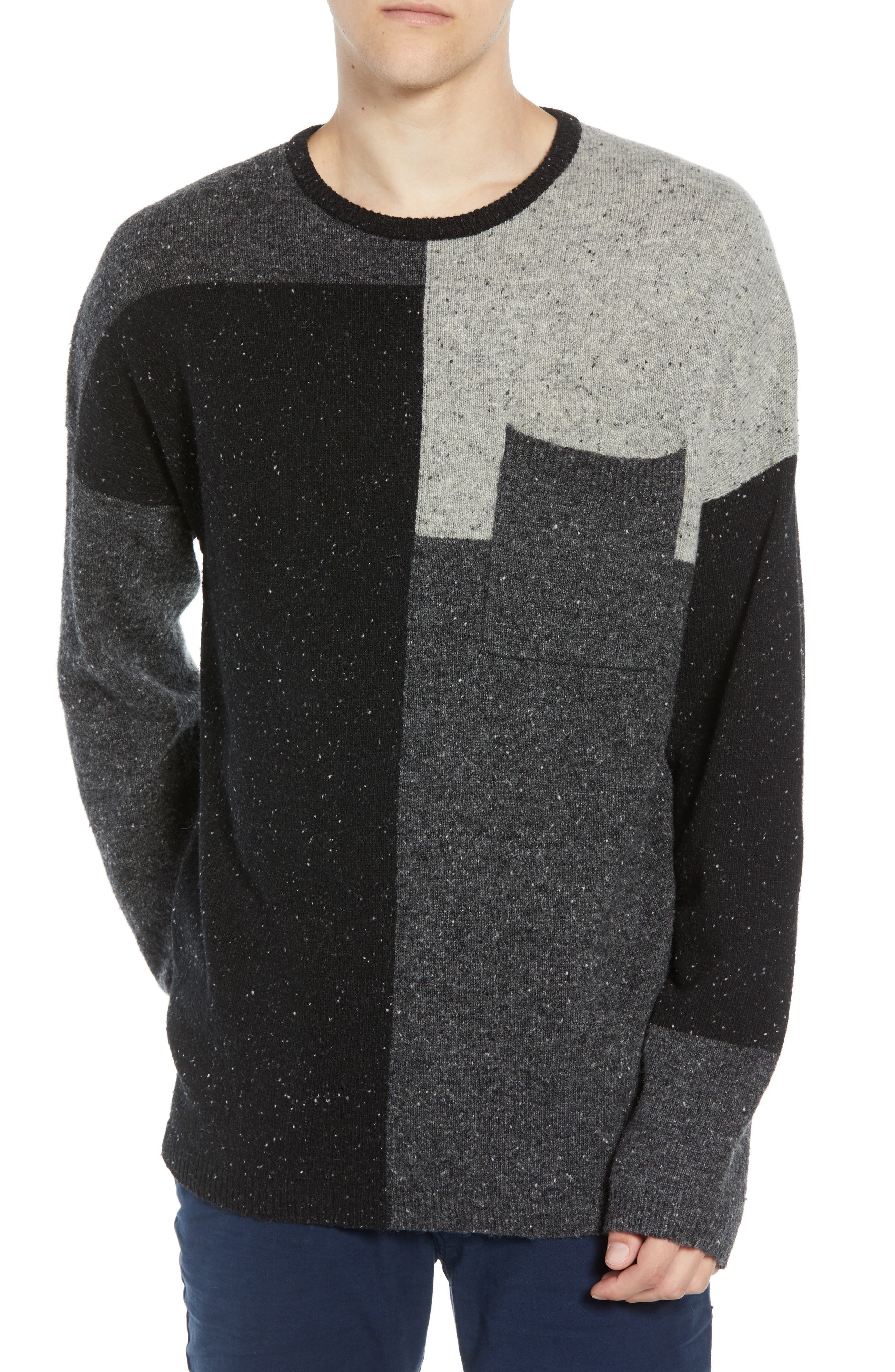 French Connection Patchwork Donegal Wool Blend Sweater, Grey