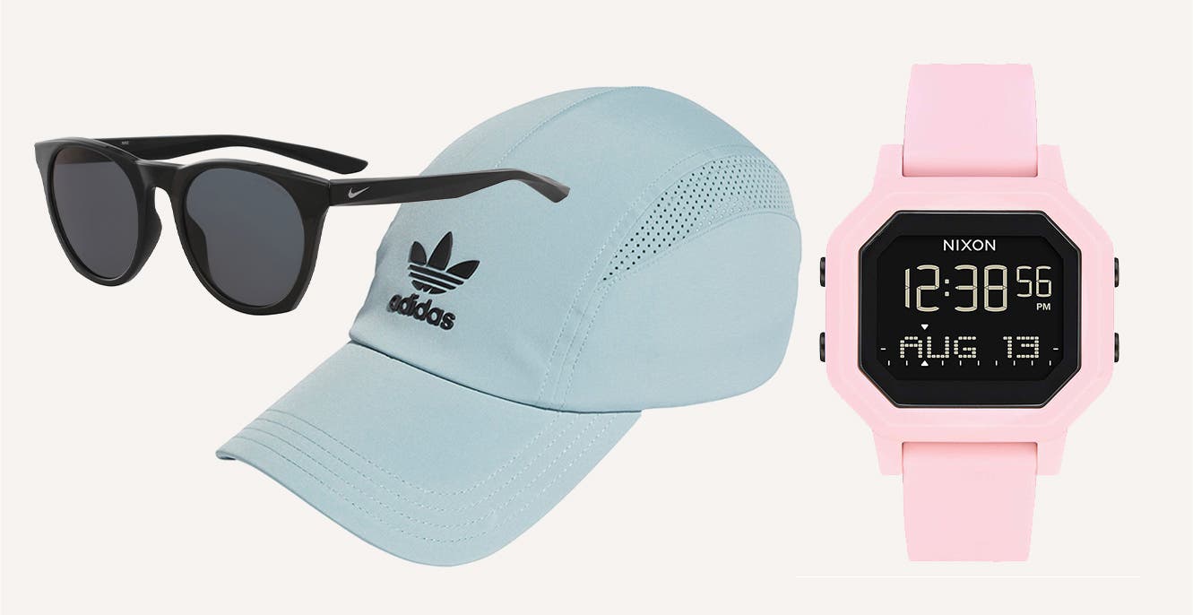 Black Nike sunglasses; adidas athletic hat; Nixon digital watch.