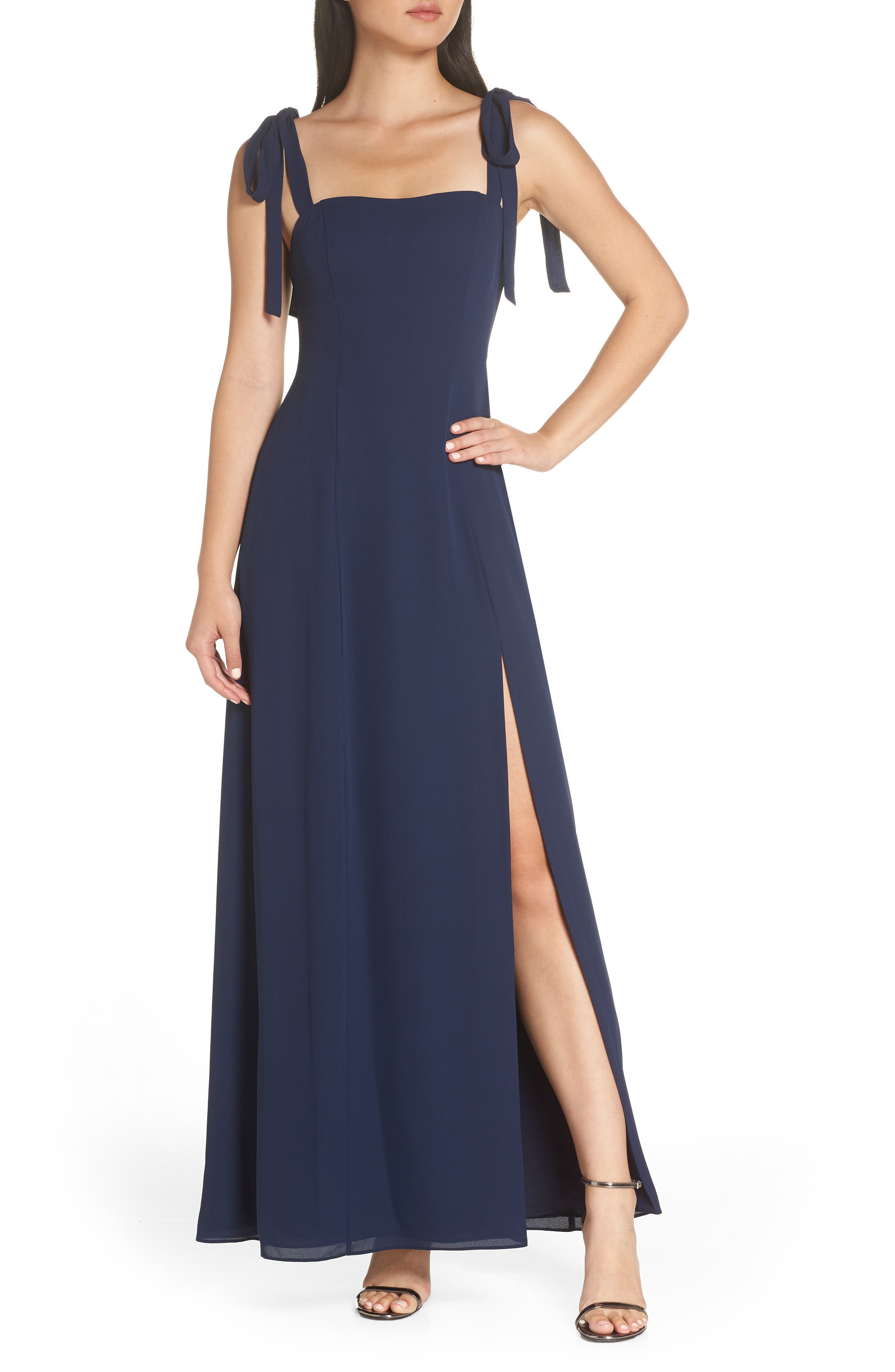 Fame And Partners Tie Shoulder Gown, Blue