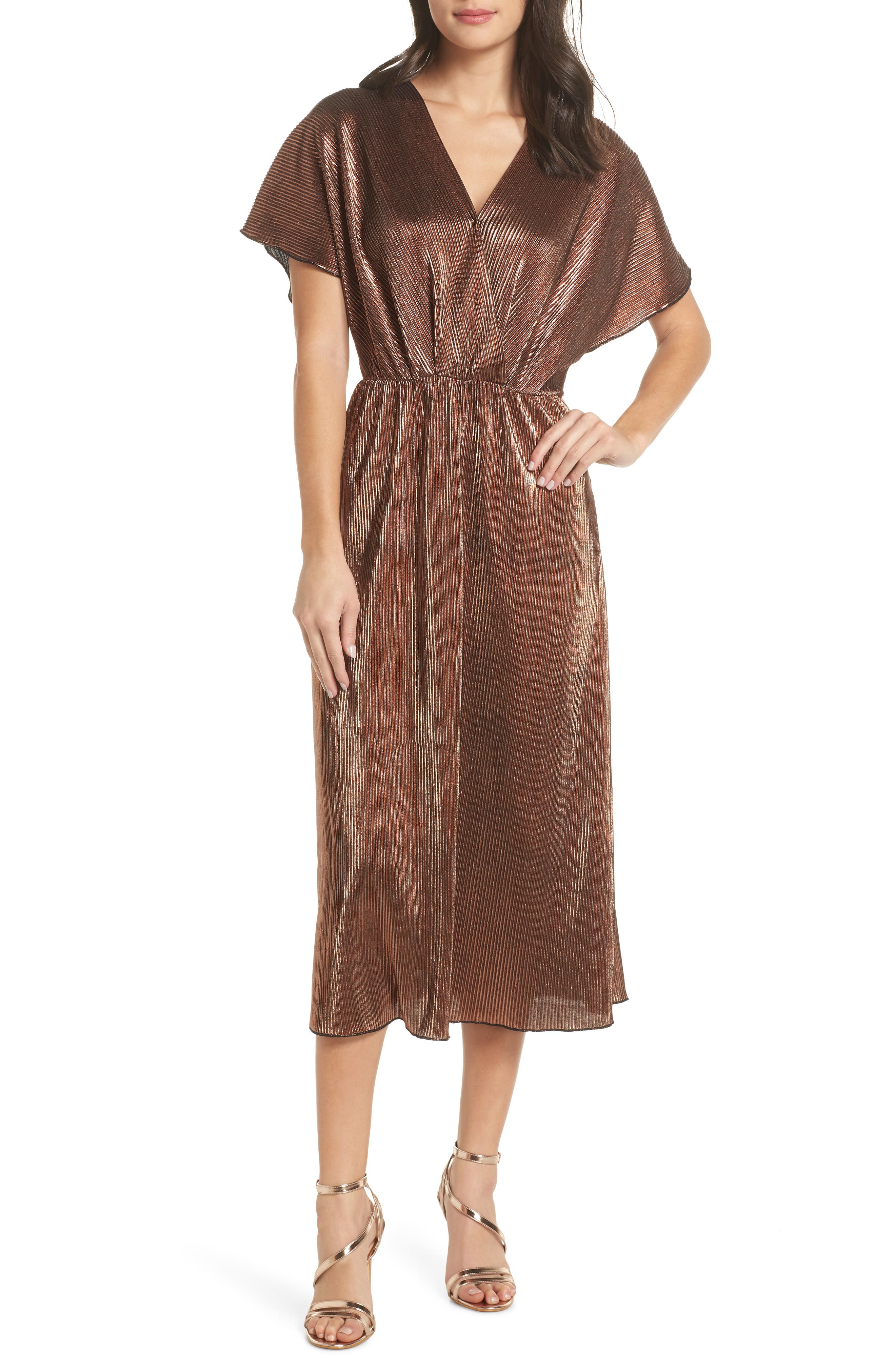 Charles Henry Crossover Midi Dress, Metallic