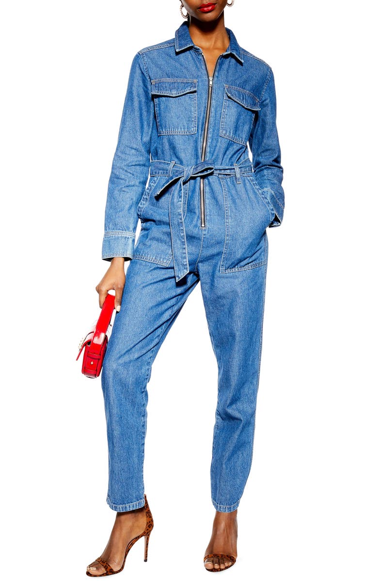 TOPSHOP Denim Utility Boilersuit, Main, color, MID DENIM