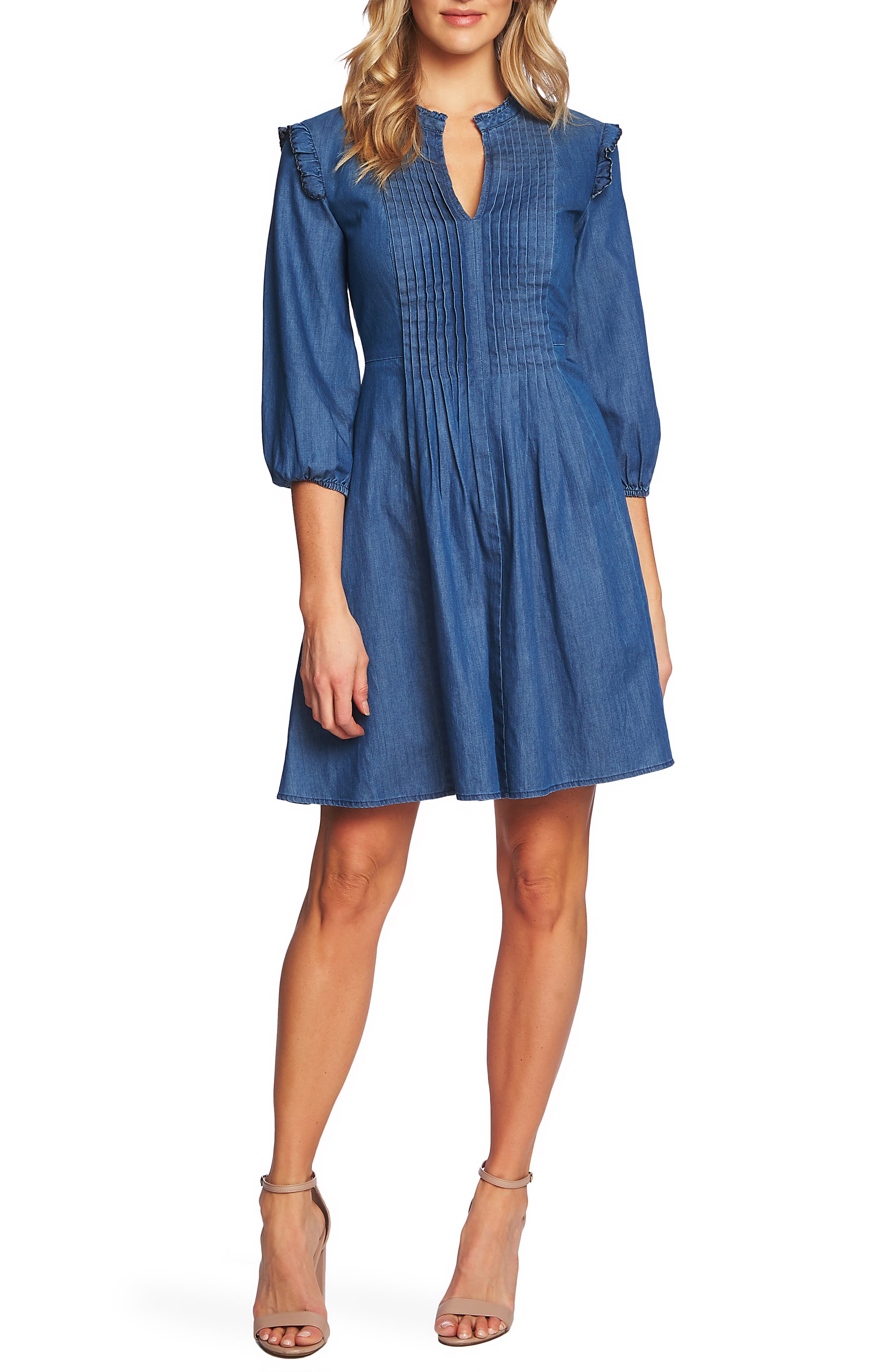 Cece Pintuck Ruffle Denim Dress, Blue