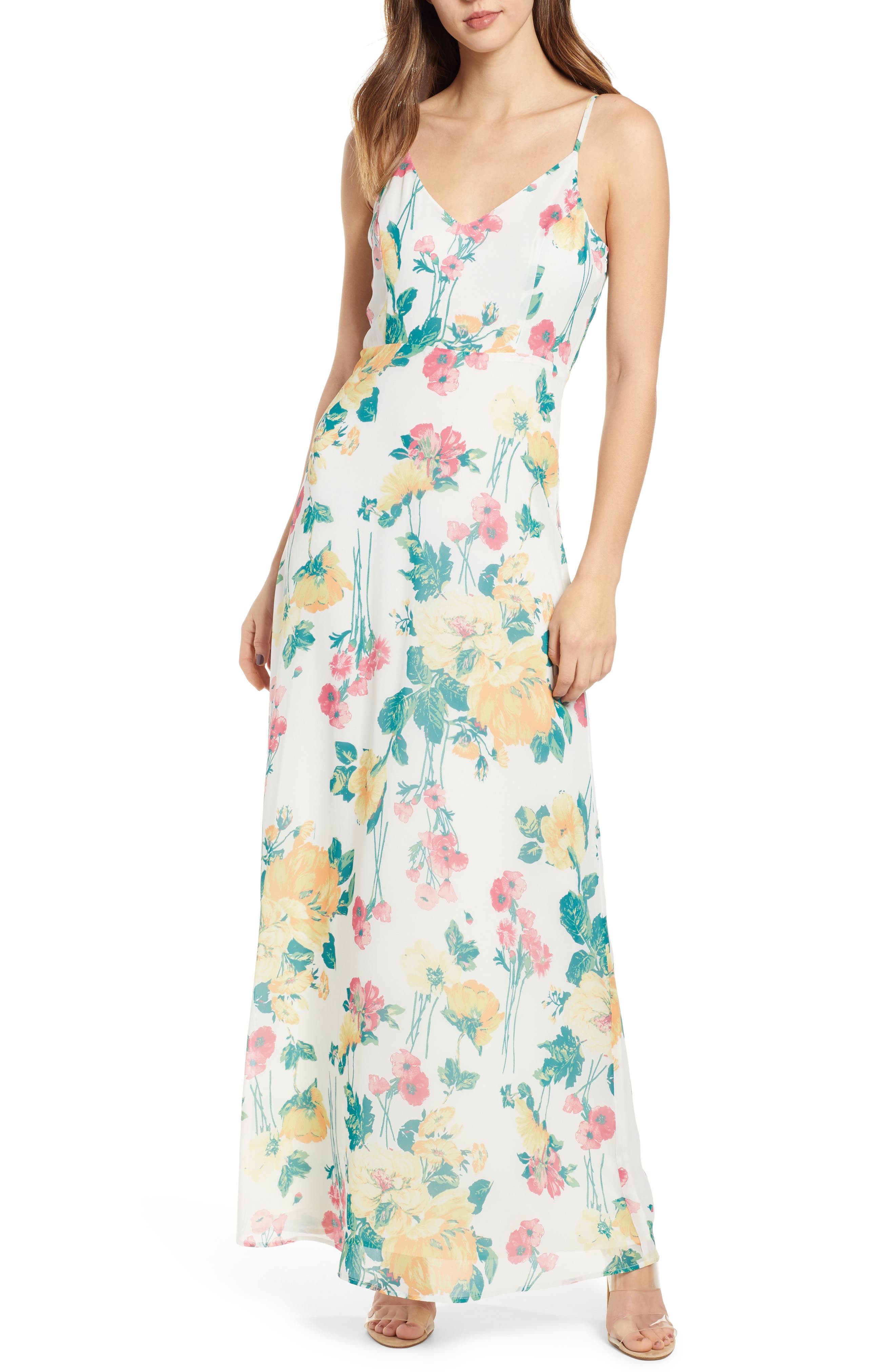 Leith Floral Covered Button Maxi Dress, Ivory