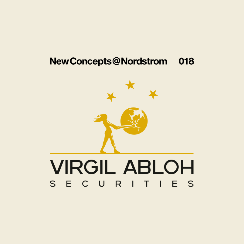 New Concepts 18: Virgil Abloh Securities. A man models a light-blue jacket with an Off-White at Nordstrom design on the back; three models in a yellow and blue plaid stand on pedestals.
