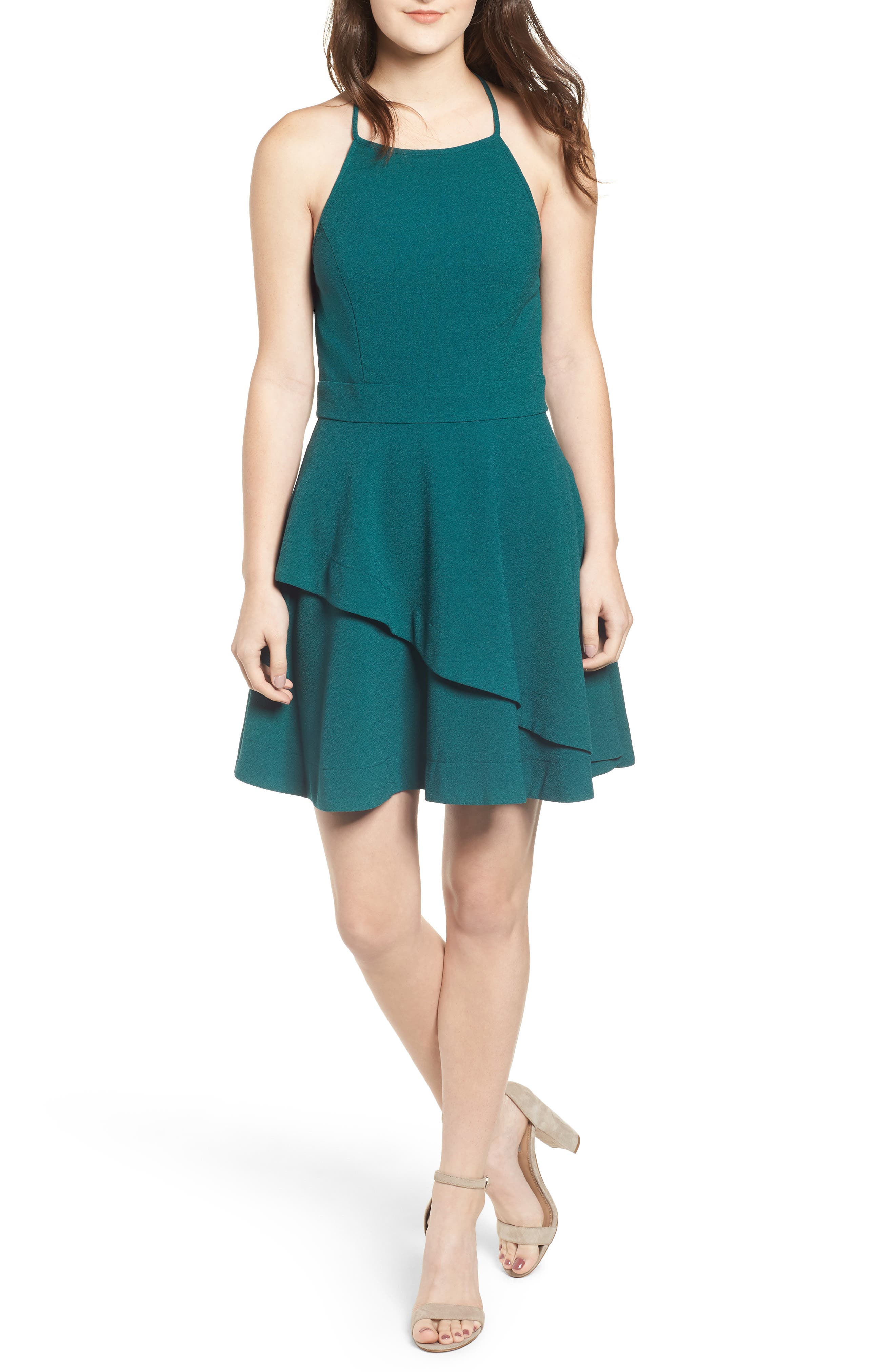 Speechless Crepe Layered Skater Dress, Green
