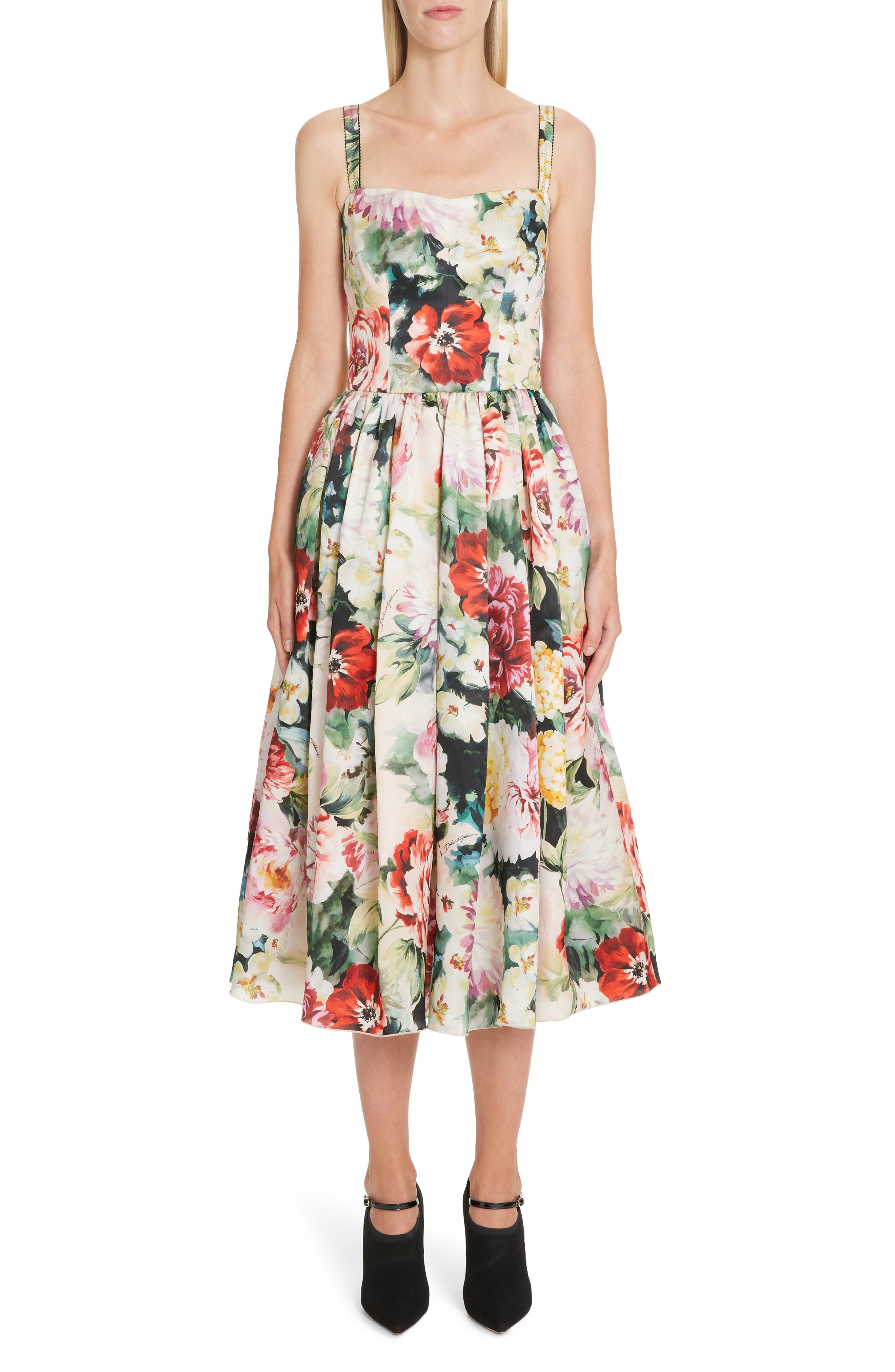 Dolce & gabbana Floral Print Silk Organza Fit & Flare Dress, US / 40 IT - Pink