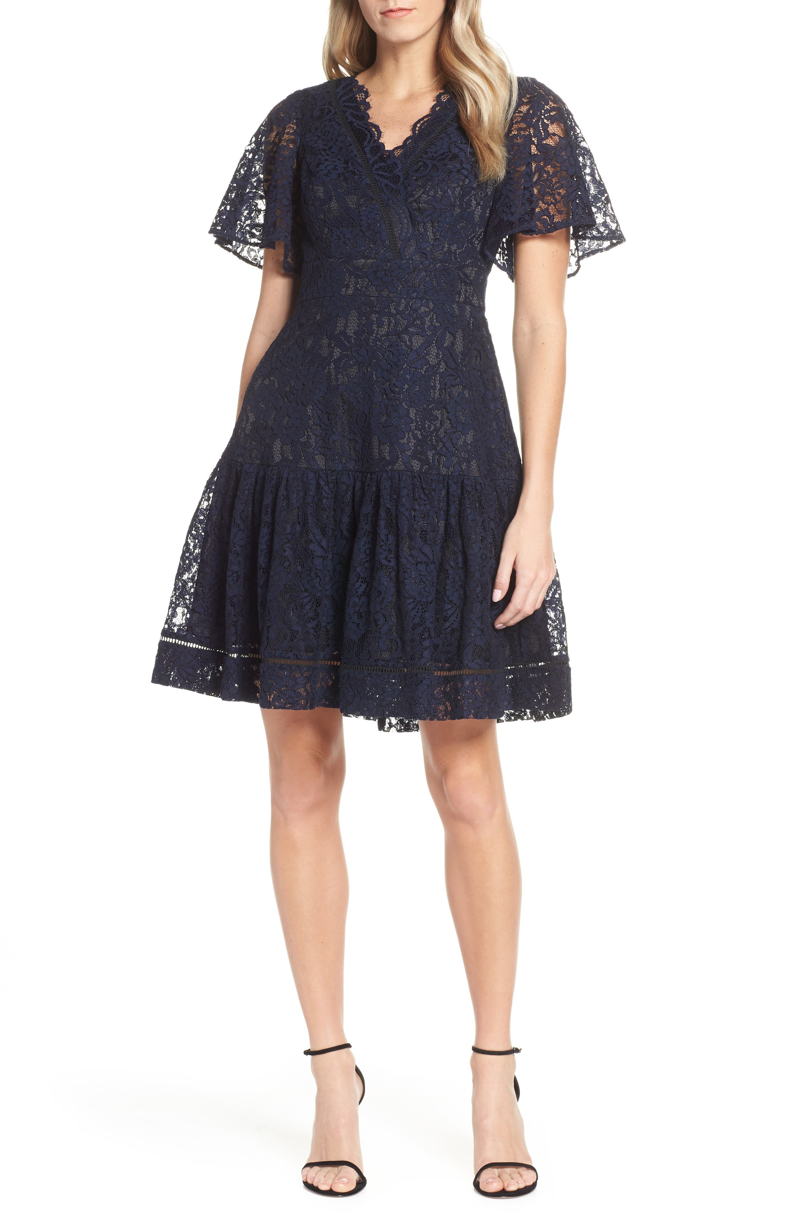 Eliza J Lace Fit & Flare Dress, Blue