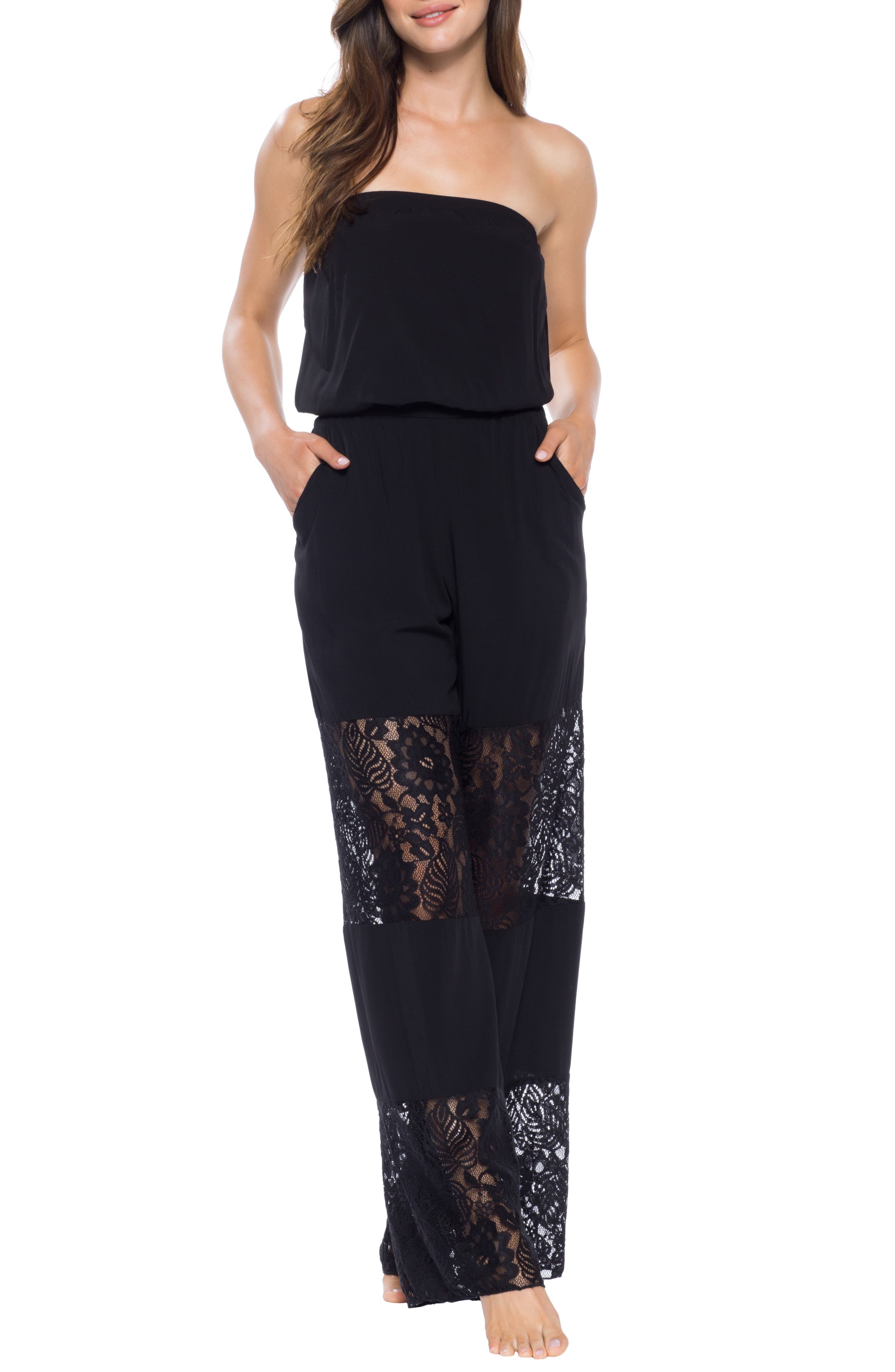 Becca Poetic Lace Inset Jumpsuit Cover-Up, Black