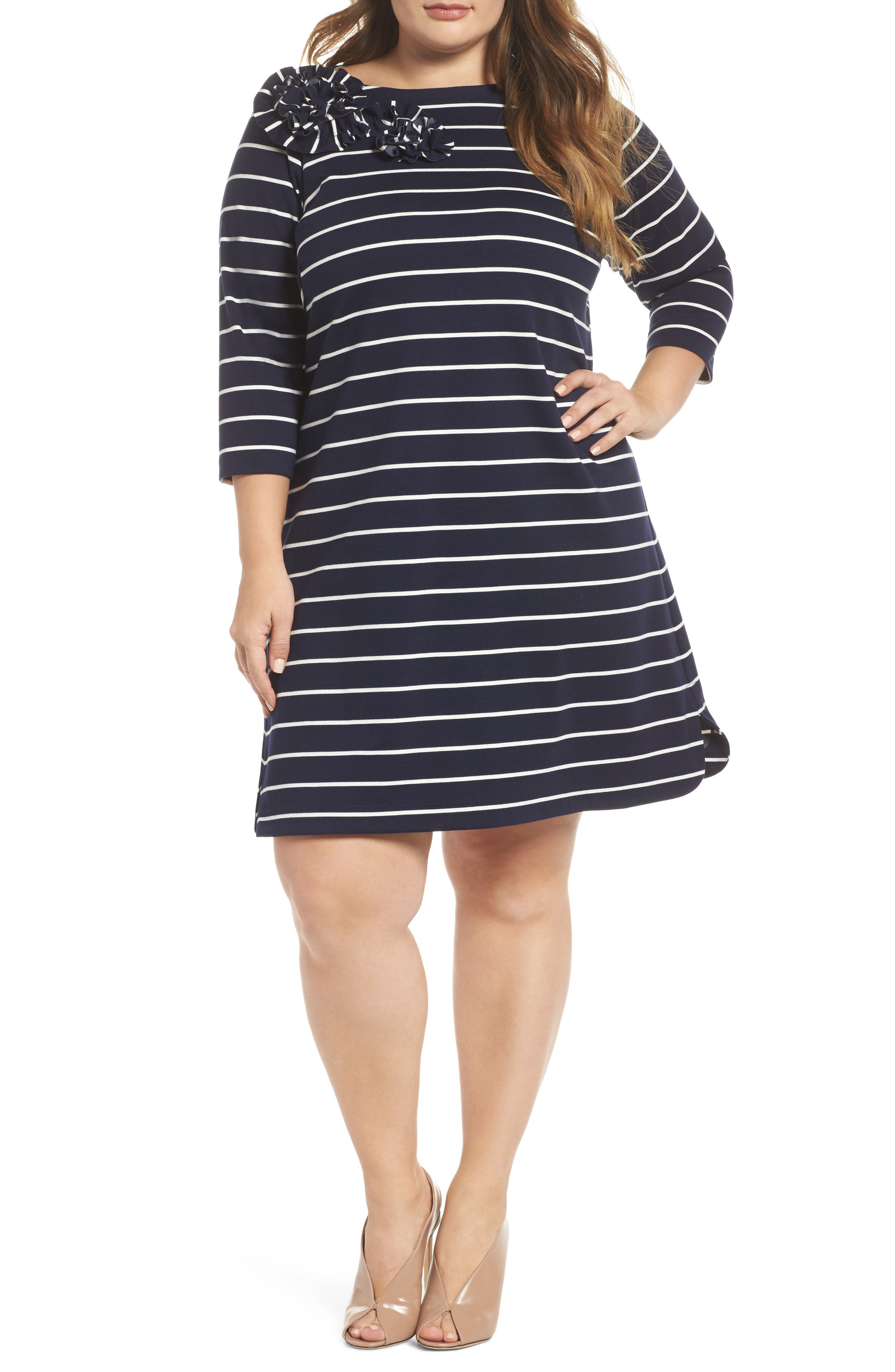 Plus Size Eliza J Flower Detail Stripe Jersey Shift Dress, Blue