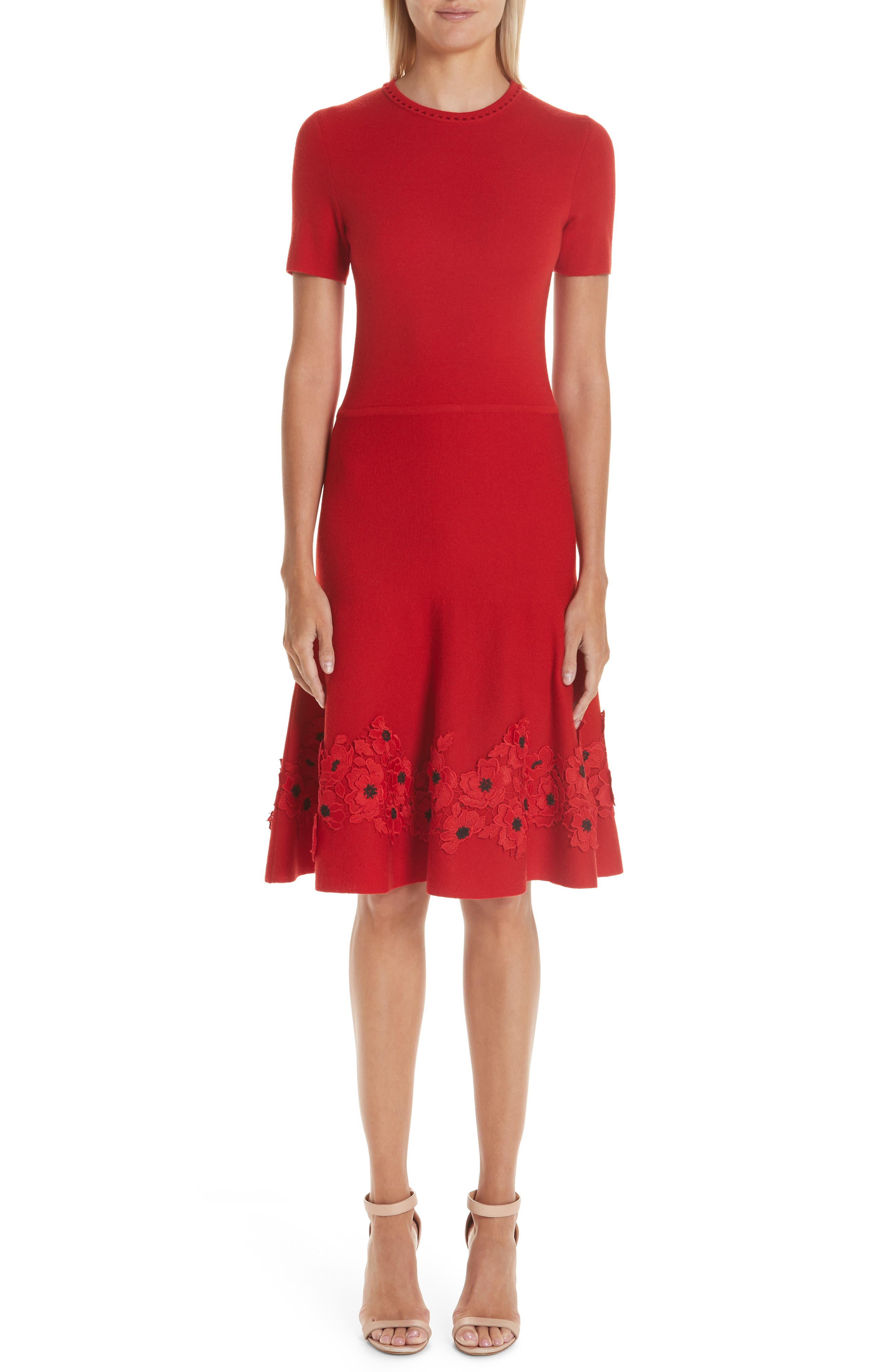 Oscar De La Renta Lace Applique Wool A-Line Dress, Red