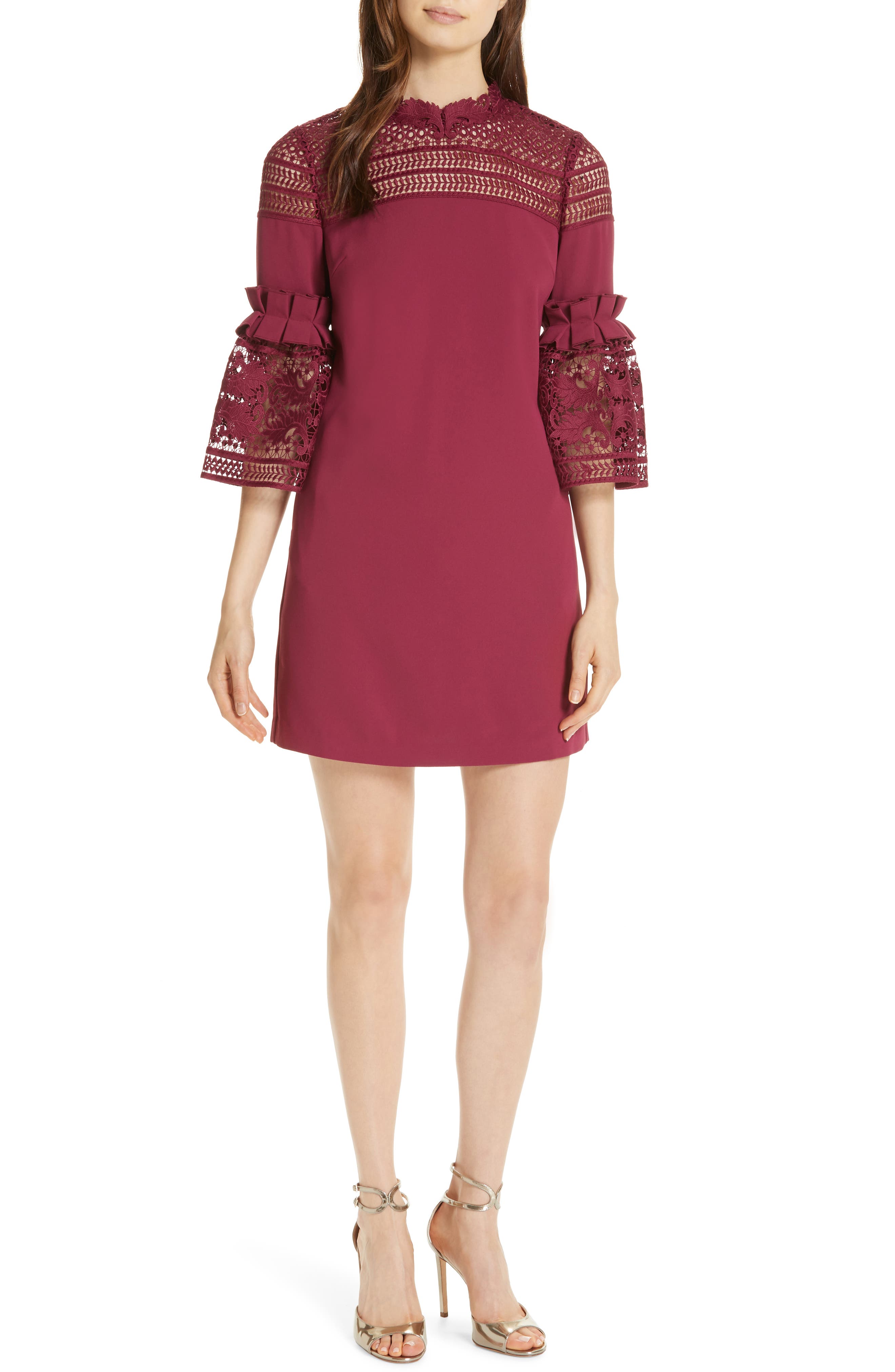 Ted Baker London Lace Panel Bell Sleeve Tunic Dress, Burgundy