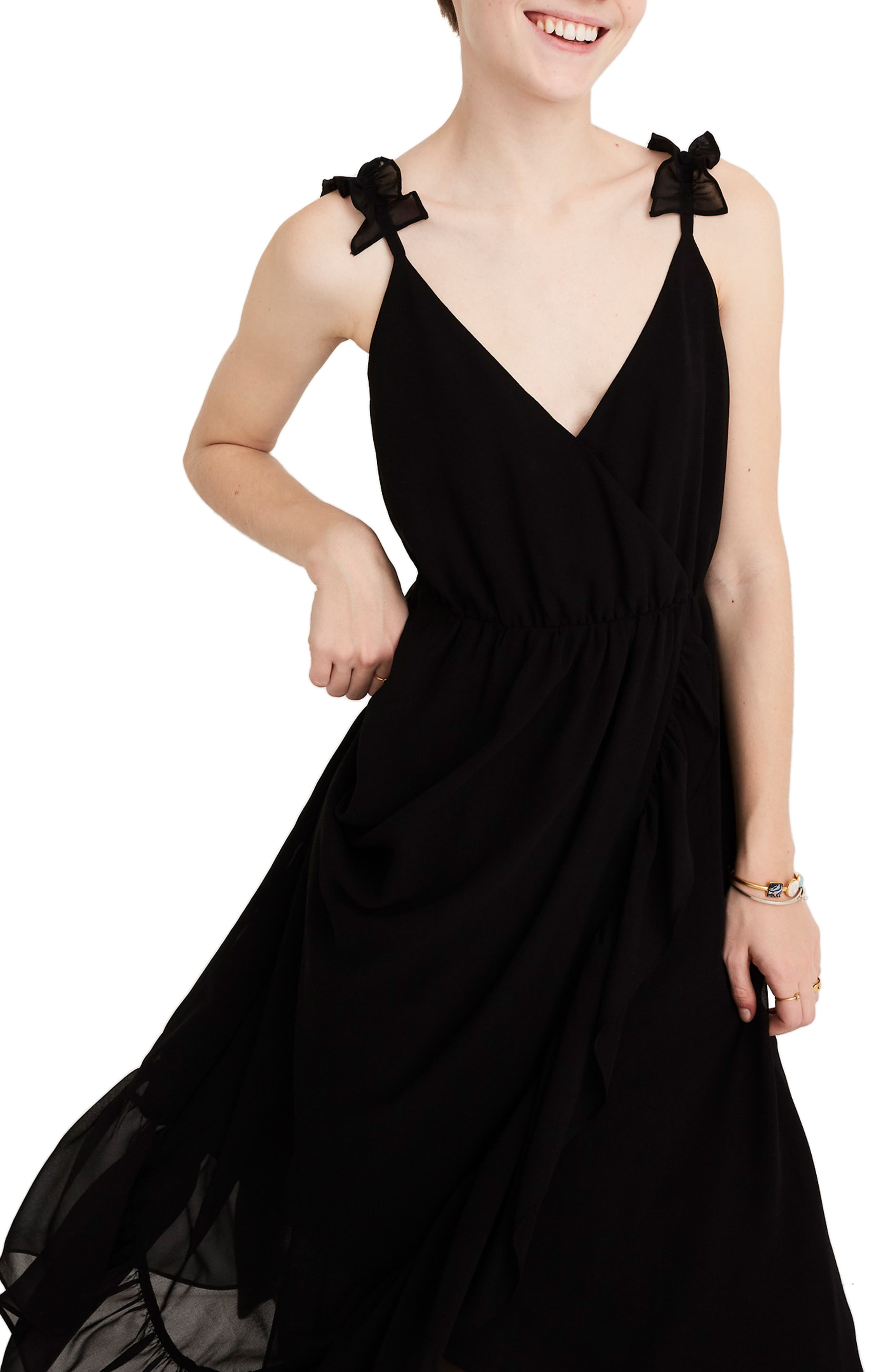 Madewell Ruffle Strap Faux Wrap Maxi Dress, Black