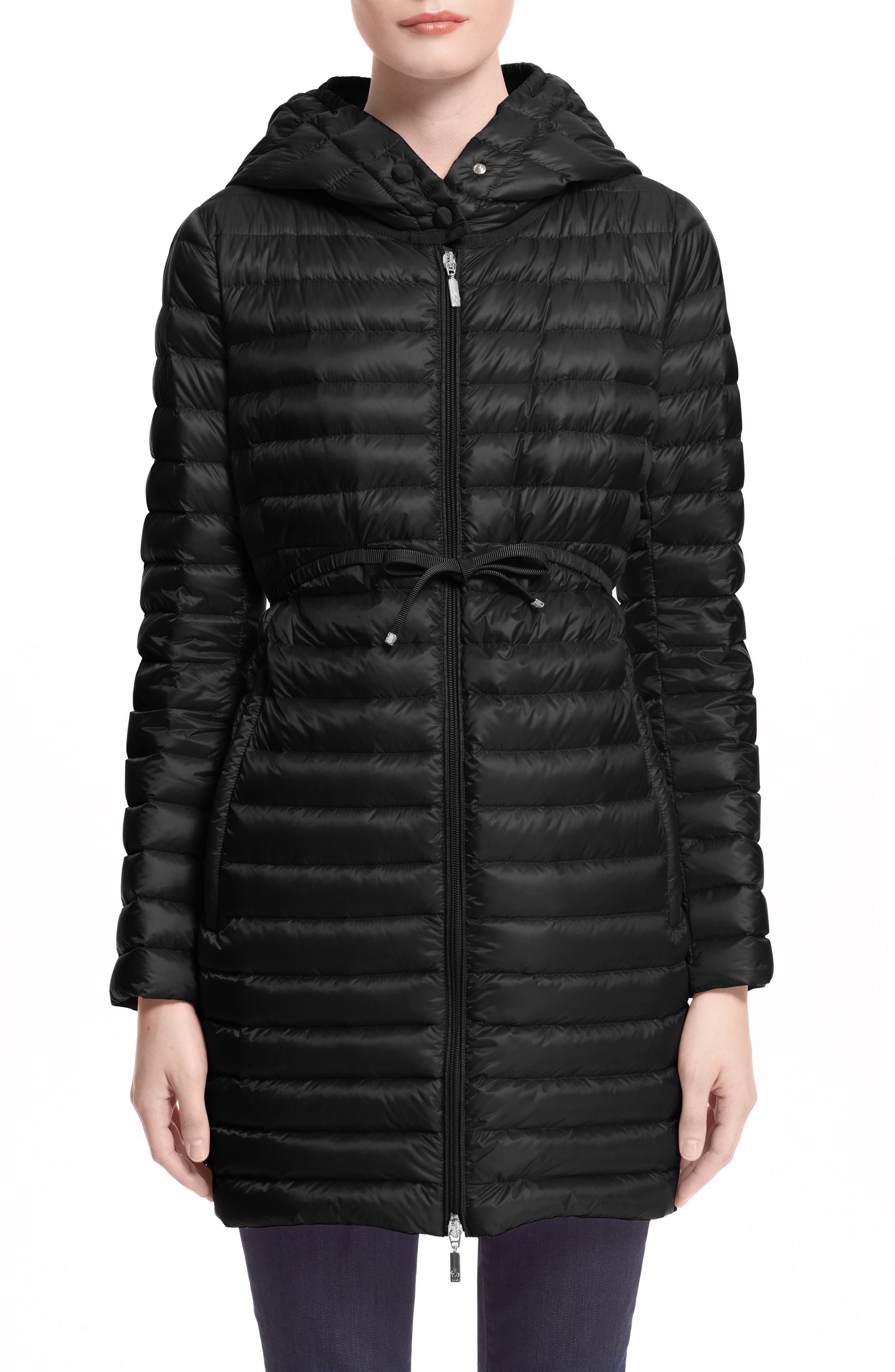 Moncler Barbel Tie Waist Hooded Down Coat, Black